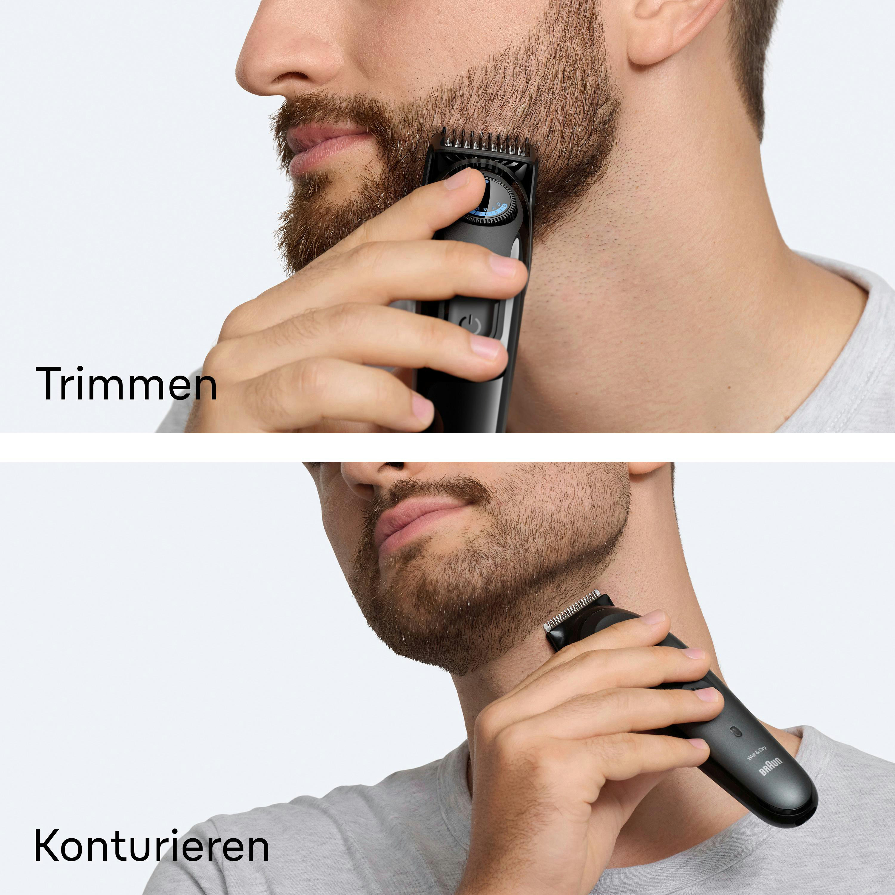 Mann rasiert Bart mit Trimmer. Zweites Bild zeigt Halsrasur mit demselben Gerät.