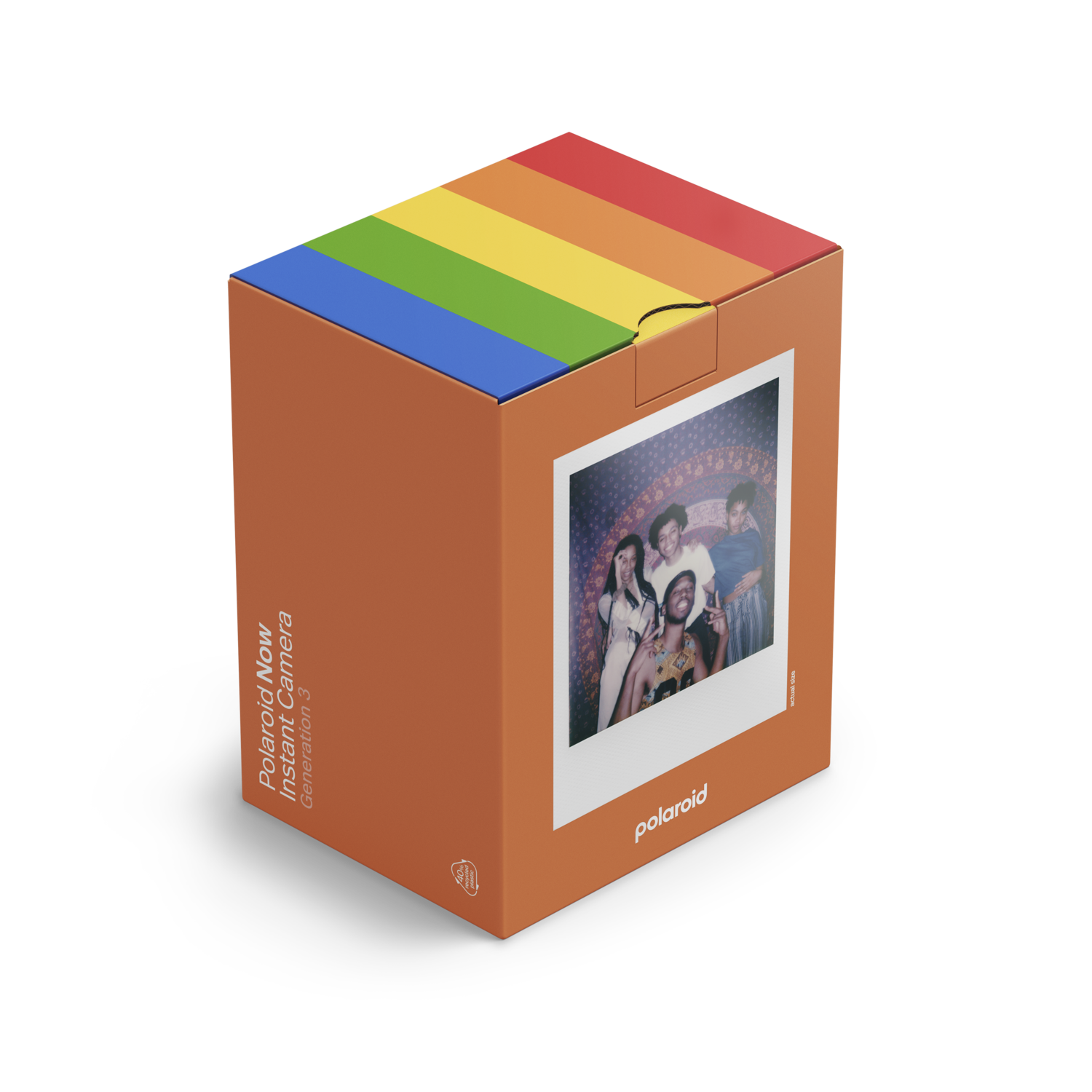 Polaroid Now instant camera box, orange with rainbow top. Photo on front: group of people.