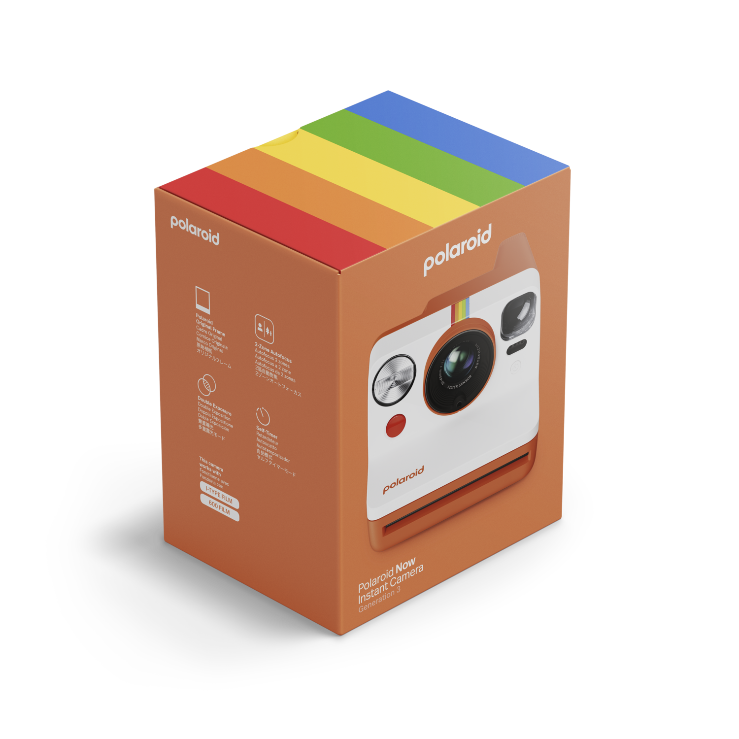 An orange Polaroid Now instant camera in its box. The box has a rainbow stripe at the top.