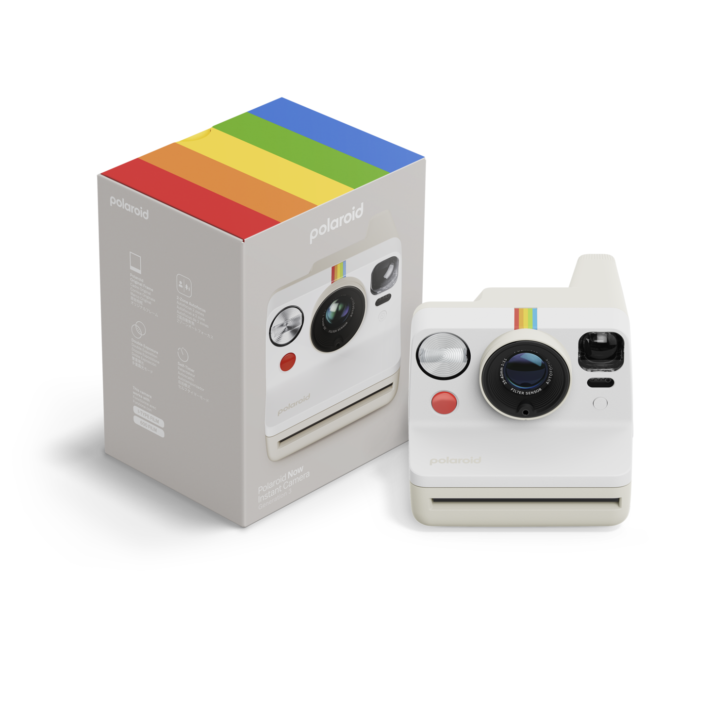 White Polaroid camera and box with rainbow colors. Camera is white with a red button.