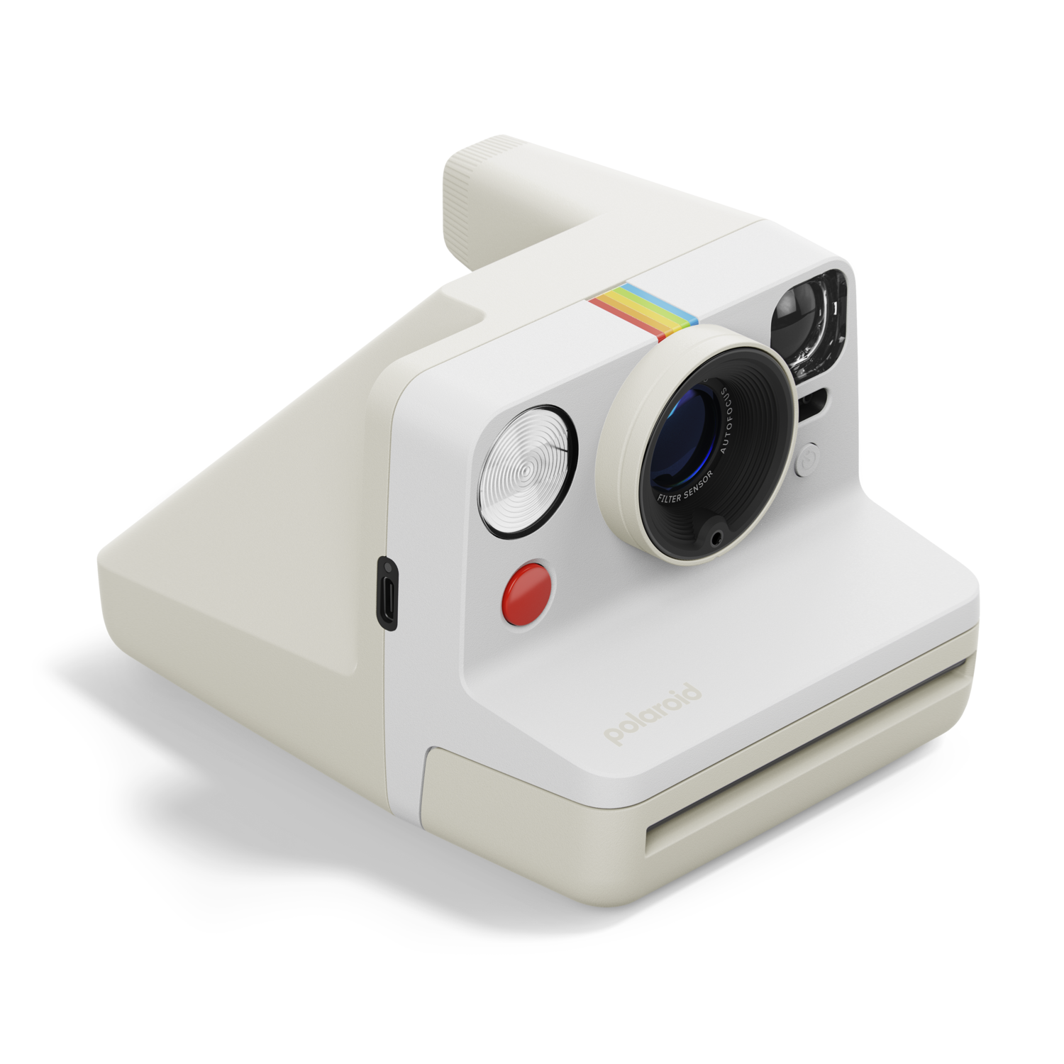 White Polaroid camera with a rainbow stripe. It has a red shutter button and a lens.