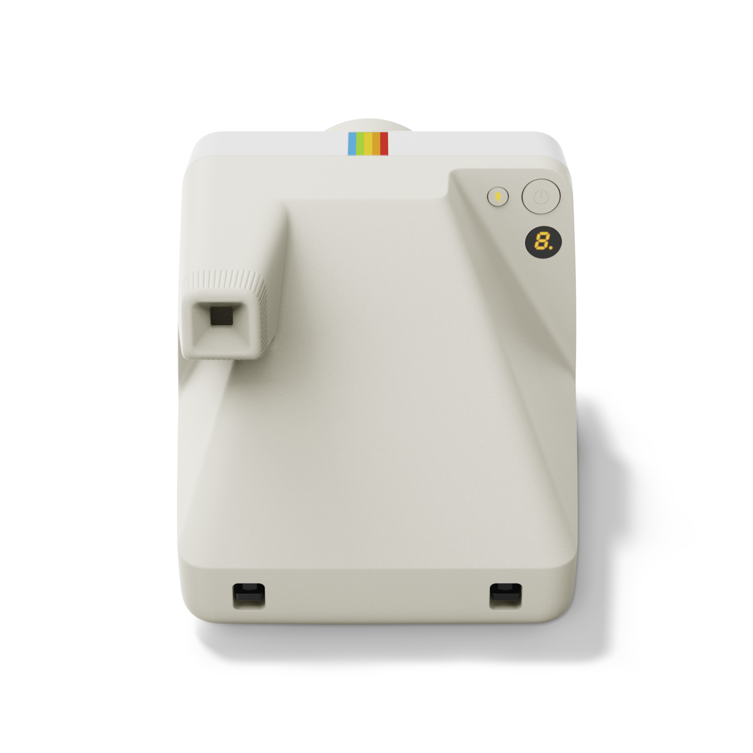 A white instant camera with a colored stripe and buttons on a black background.