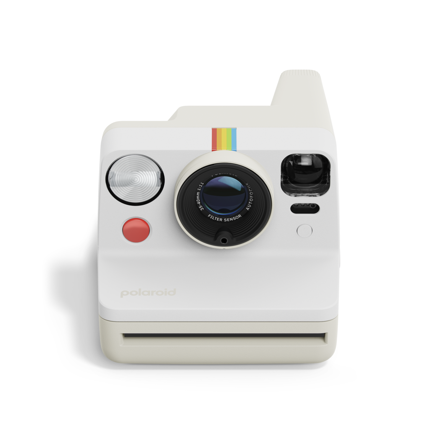 Polaroid Now instant camera. White body, rainbow stripe, red button, black lens, and lavender base.