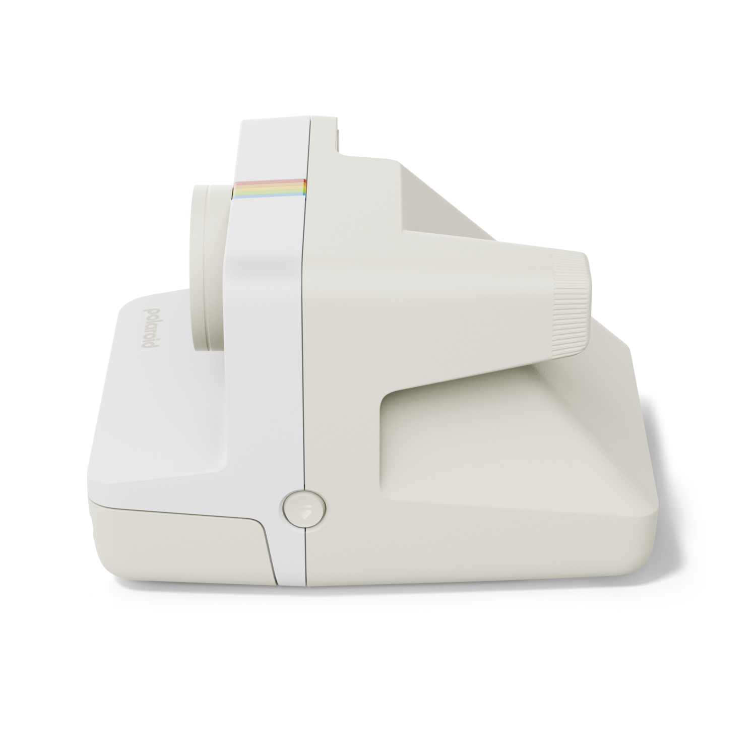 A side view of a cream Polaroid camera with a rainbow stripe on the top.