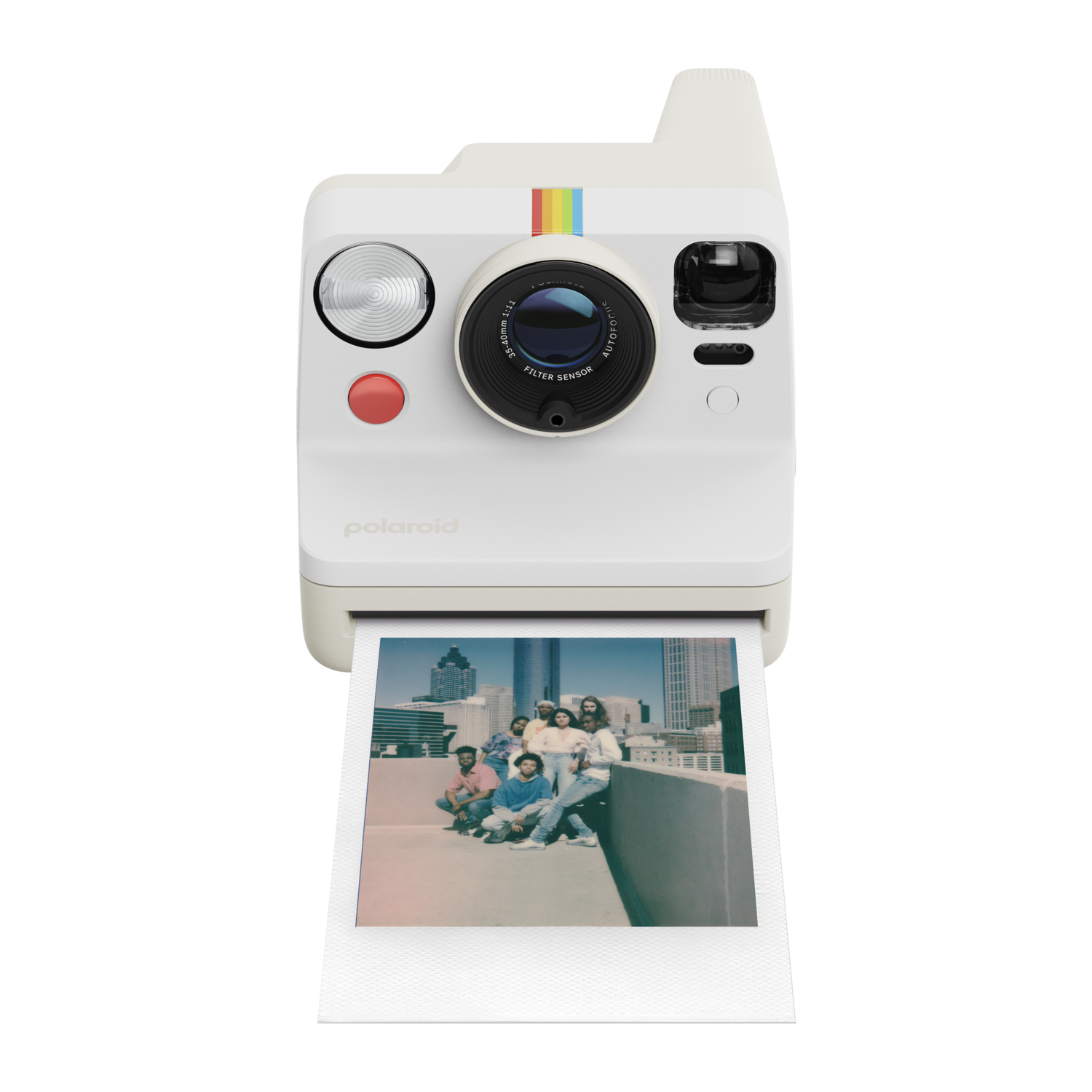 Polaroid Now camera, white body, rainbow stripe, photo ejecting, people in background.
