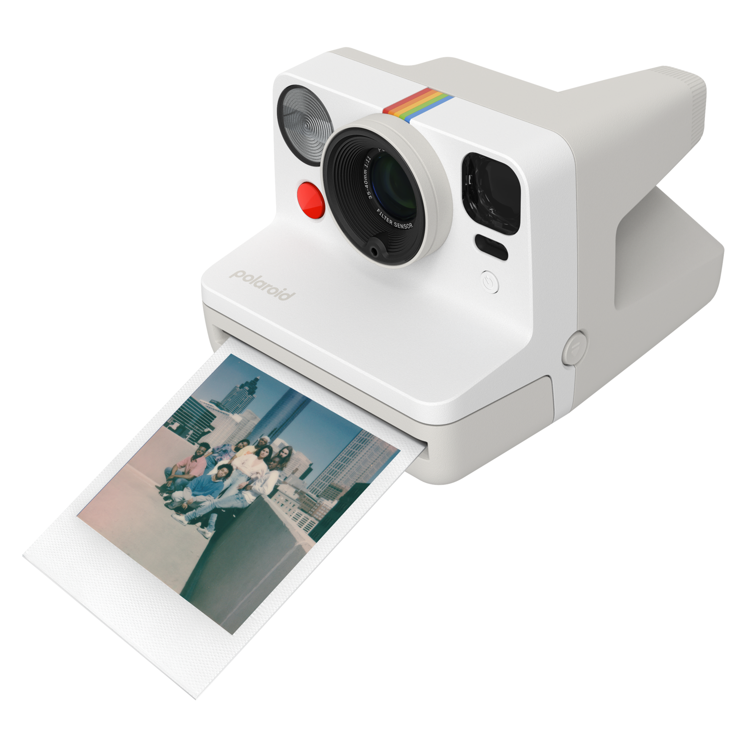 White Polaroid camera with a photo of people on a city rooftop being printed.