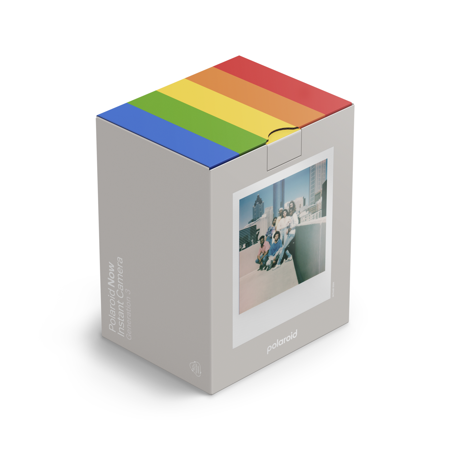 A gray Polaroid camera box with a rainbow stripe on top, and a photo on the front.