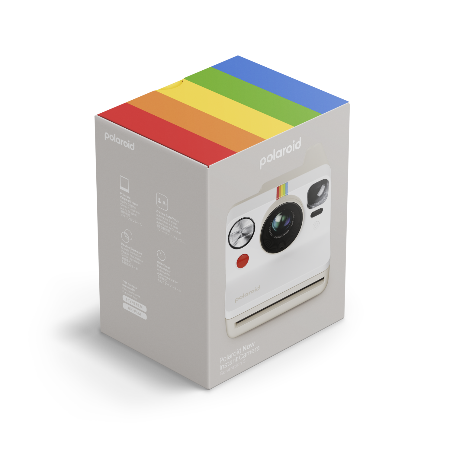 Polaroid camera in its box. Box has a rainbow stripe on top. Camera is white. Isolated on black background.