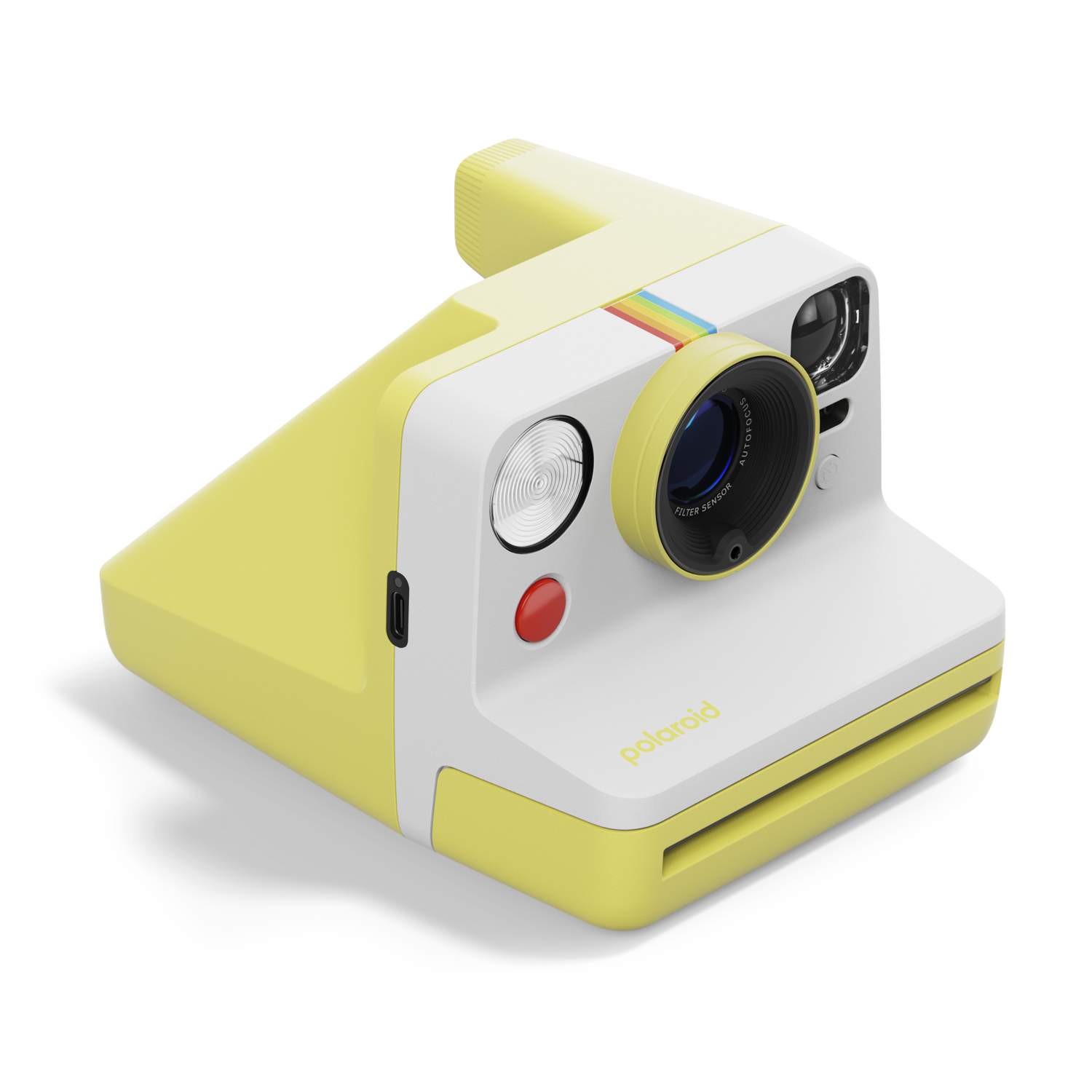 Yellow and white Polaroid Now instant camera, with a rainbow stripe on top.