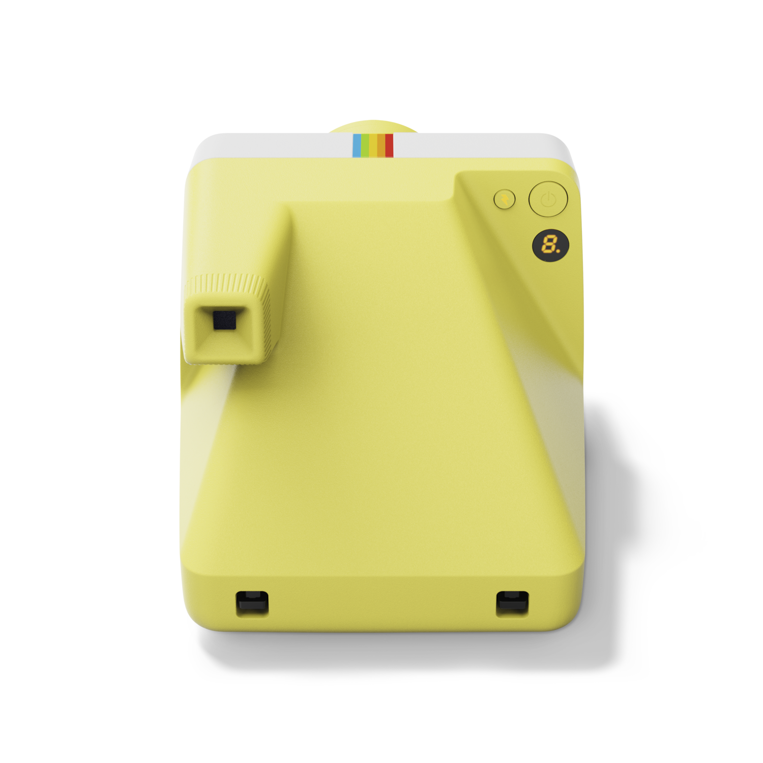 Polaroid Now camera, top view. Yellow body, rainbow stripe, button, black lens, and power button.