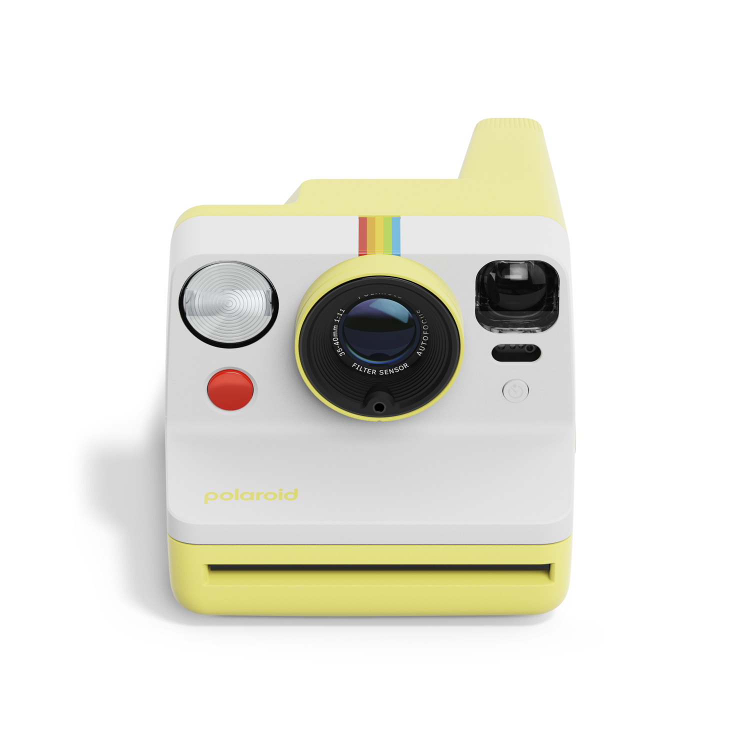 Yellow and white Polaroid camera. It has a red button and a rainbow stripe.