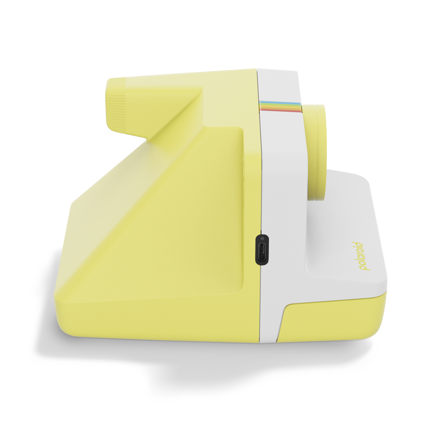 A yellow and white Polaroid camera. The camera has a rainbow stripe.