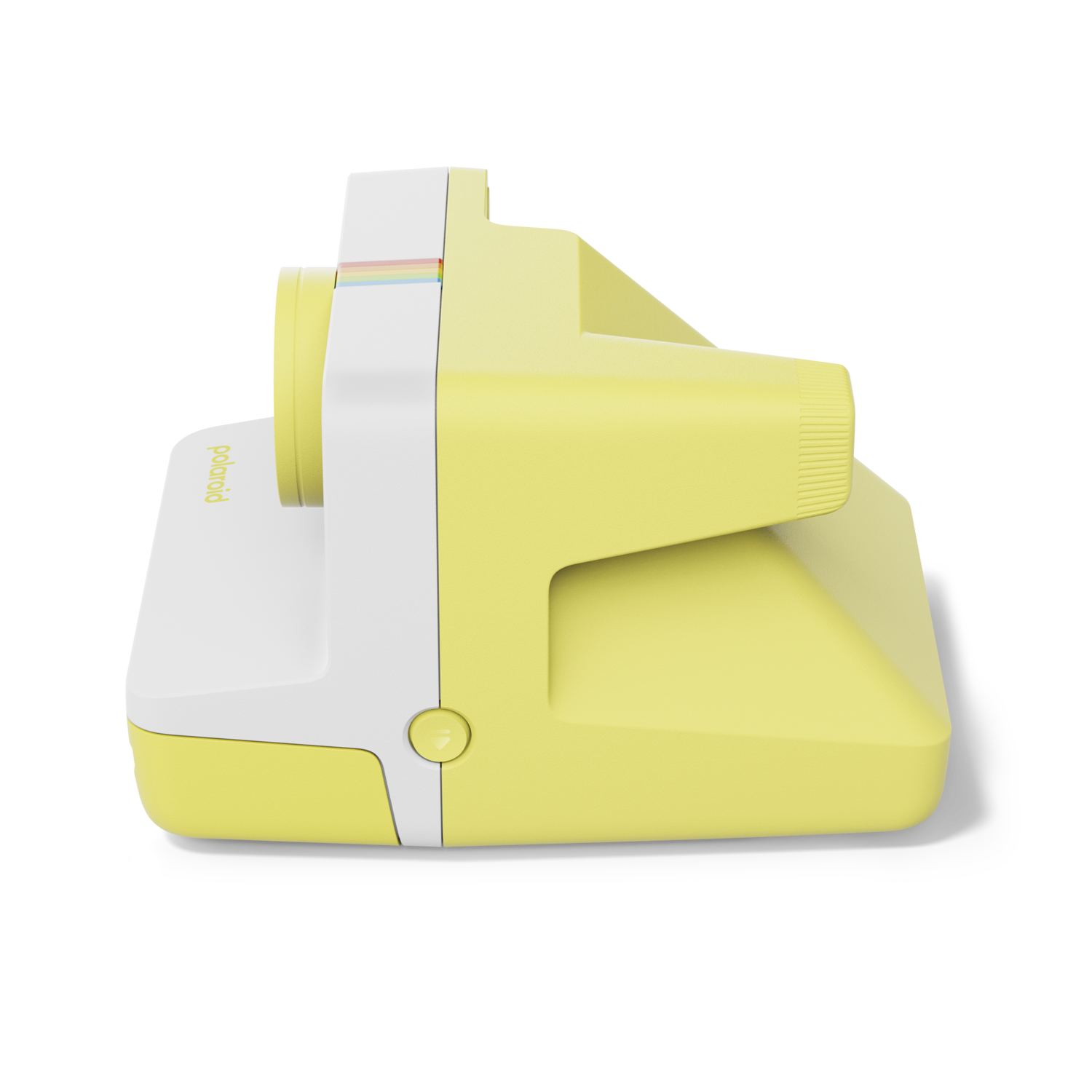 A yellow Polaroid camera on a black background. White and rainbow stripe on top.  The camera is tilted.