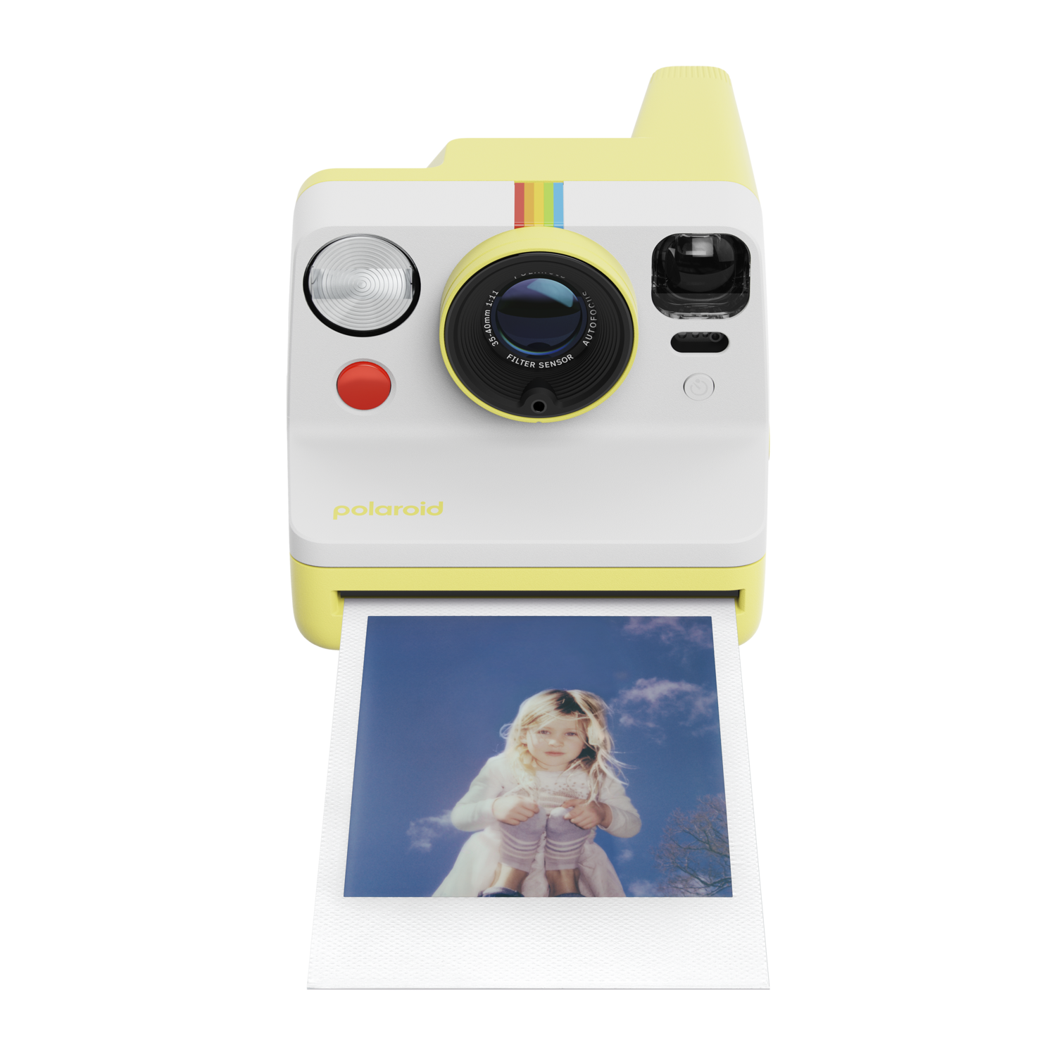 White and yellow Polaroid camera printing a photo of a girl with blue sky.
