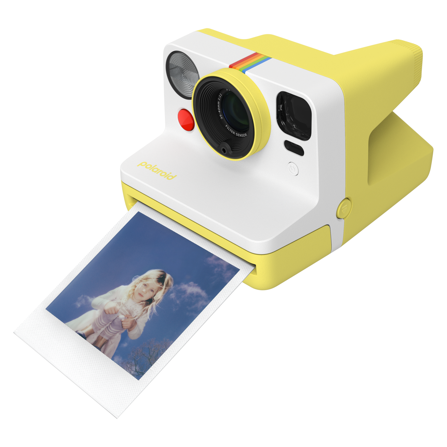Yellow and white Polaroid camera with a photo of a girl. A photo is being printed.