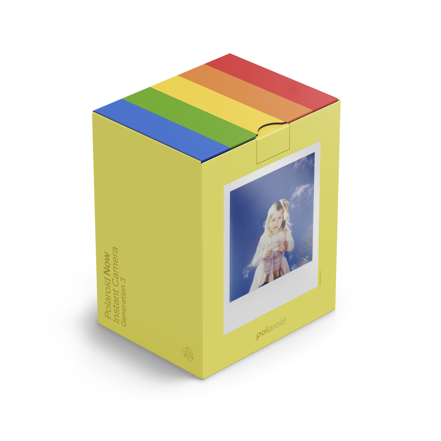 A yellow box with a Polaroid Now camera image, a rainbow color stripe on top.