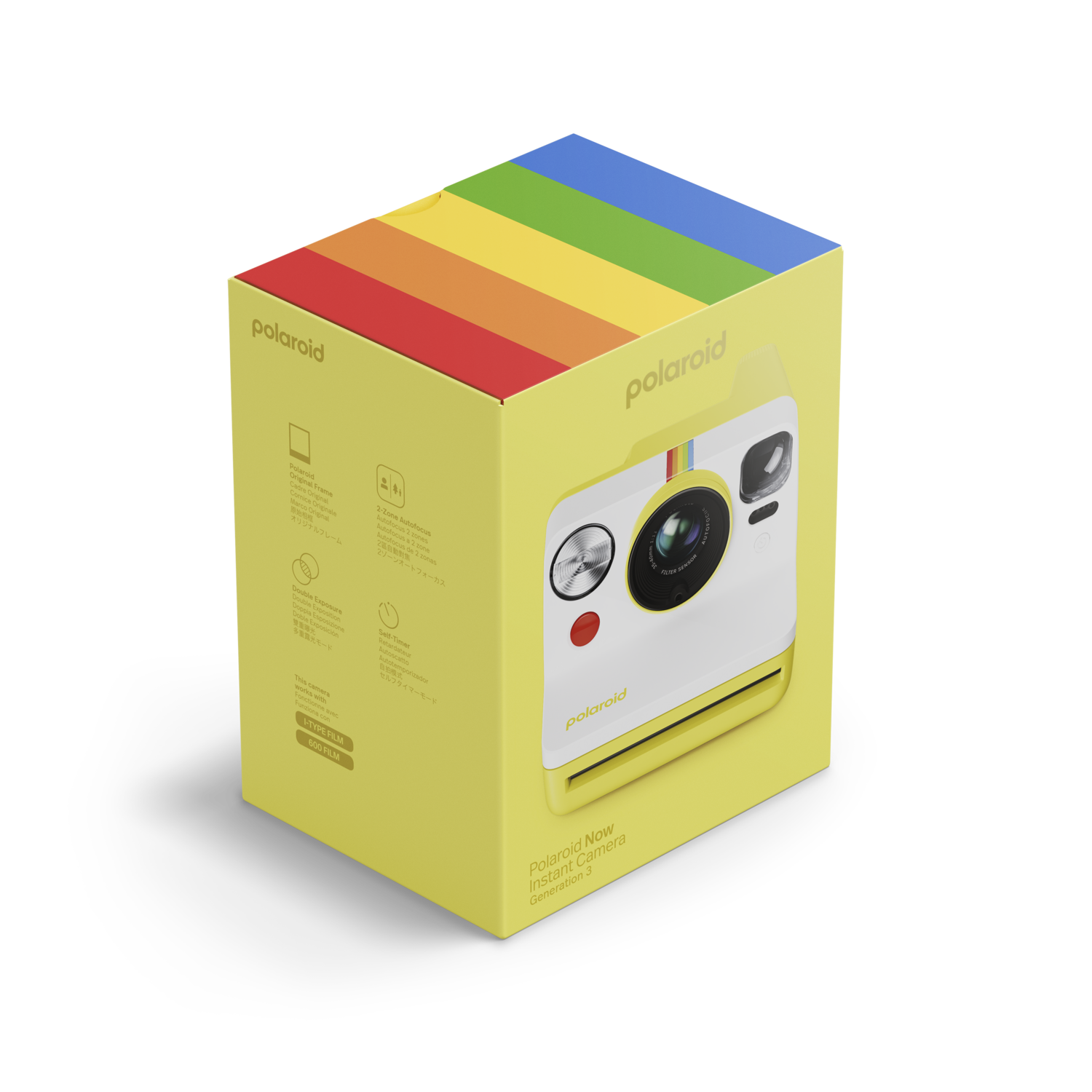 A yellow and rainbow-striped Polaroid instant camera box.