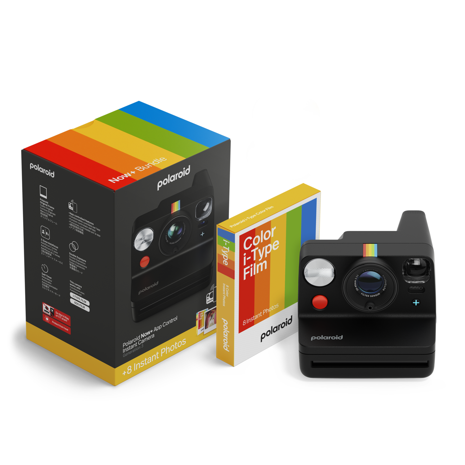 Polaroid Now+ bundle. Box with camera, film, and accessories. Black camera with rainbow stripe.