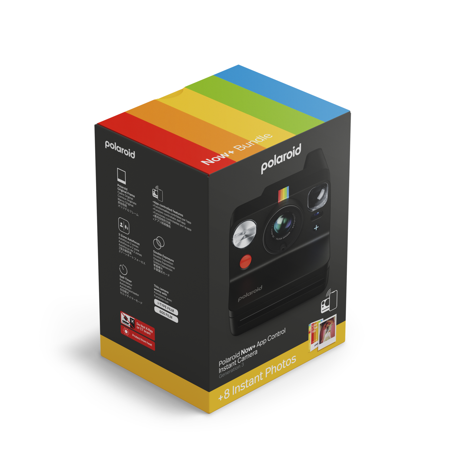 Polaroid camera box, with rainbow stripes and a picture of the camera on the box.