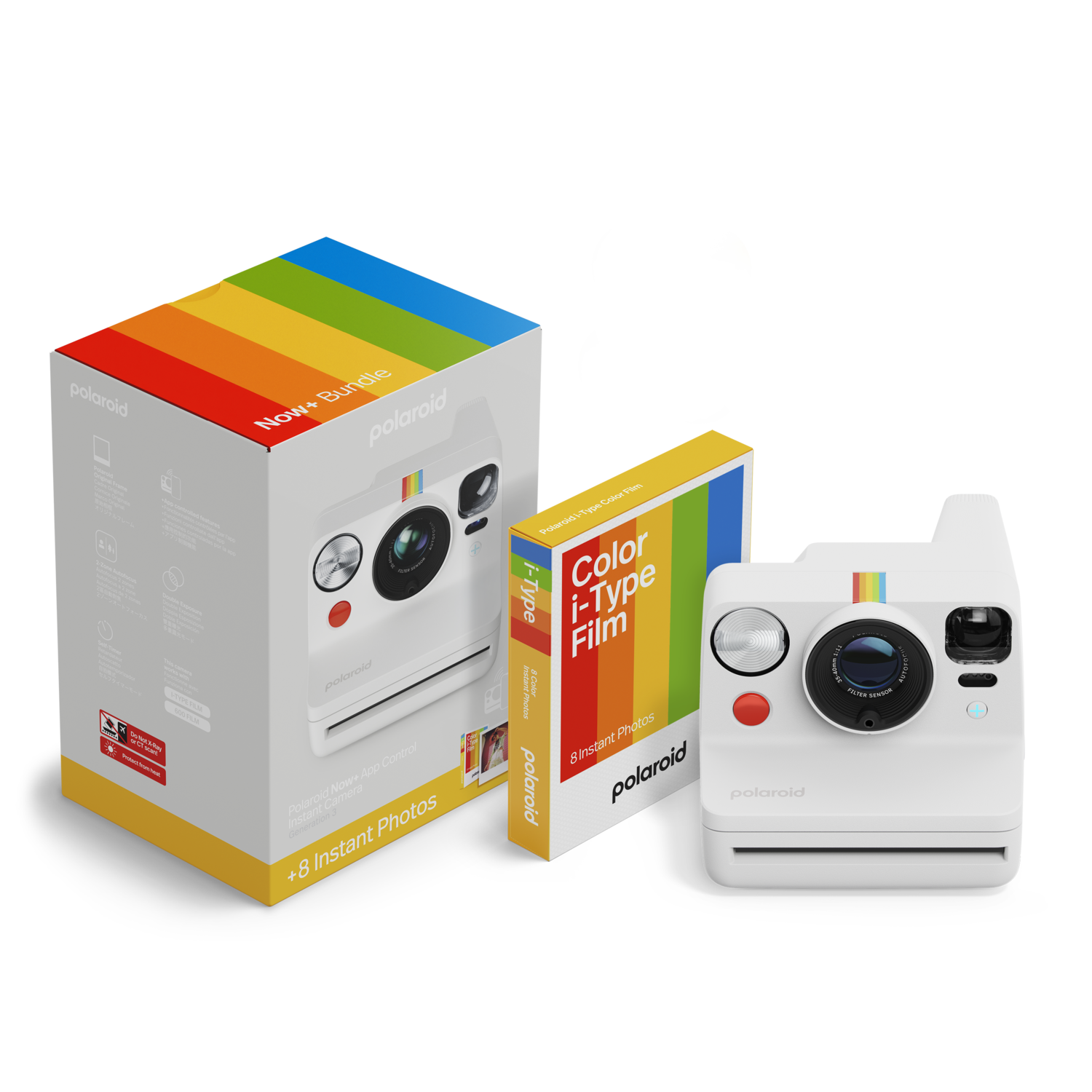 Polaroid Now+ bundel met camera en filmdoos, op een witte achtergrond.