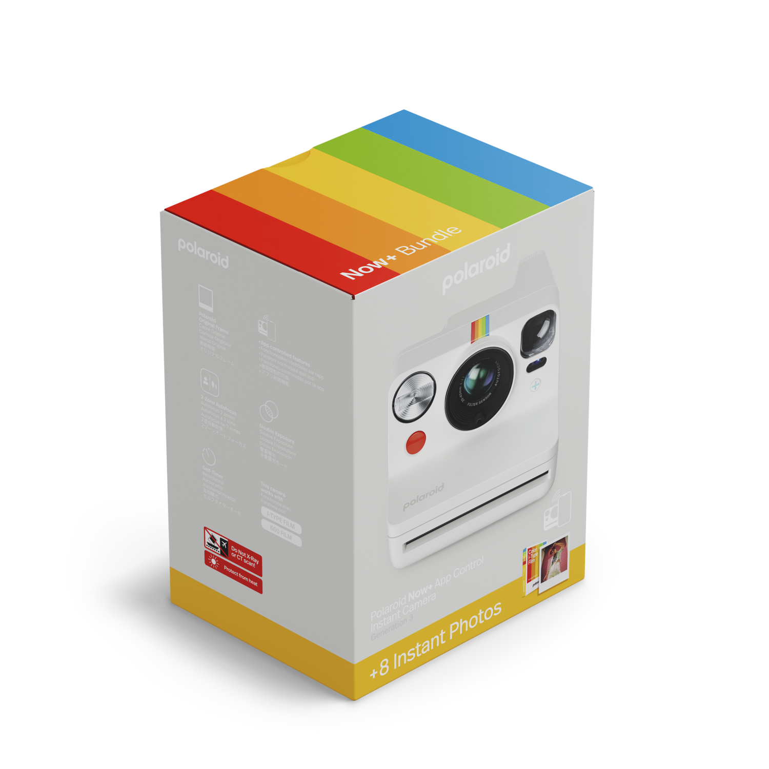Een witte cameradoos met een Polaroid-camera aan de voorkant, een regenboogkleurige streep bovenop.