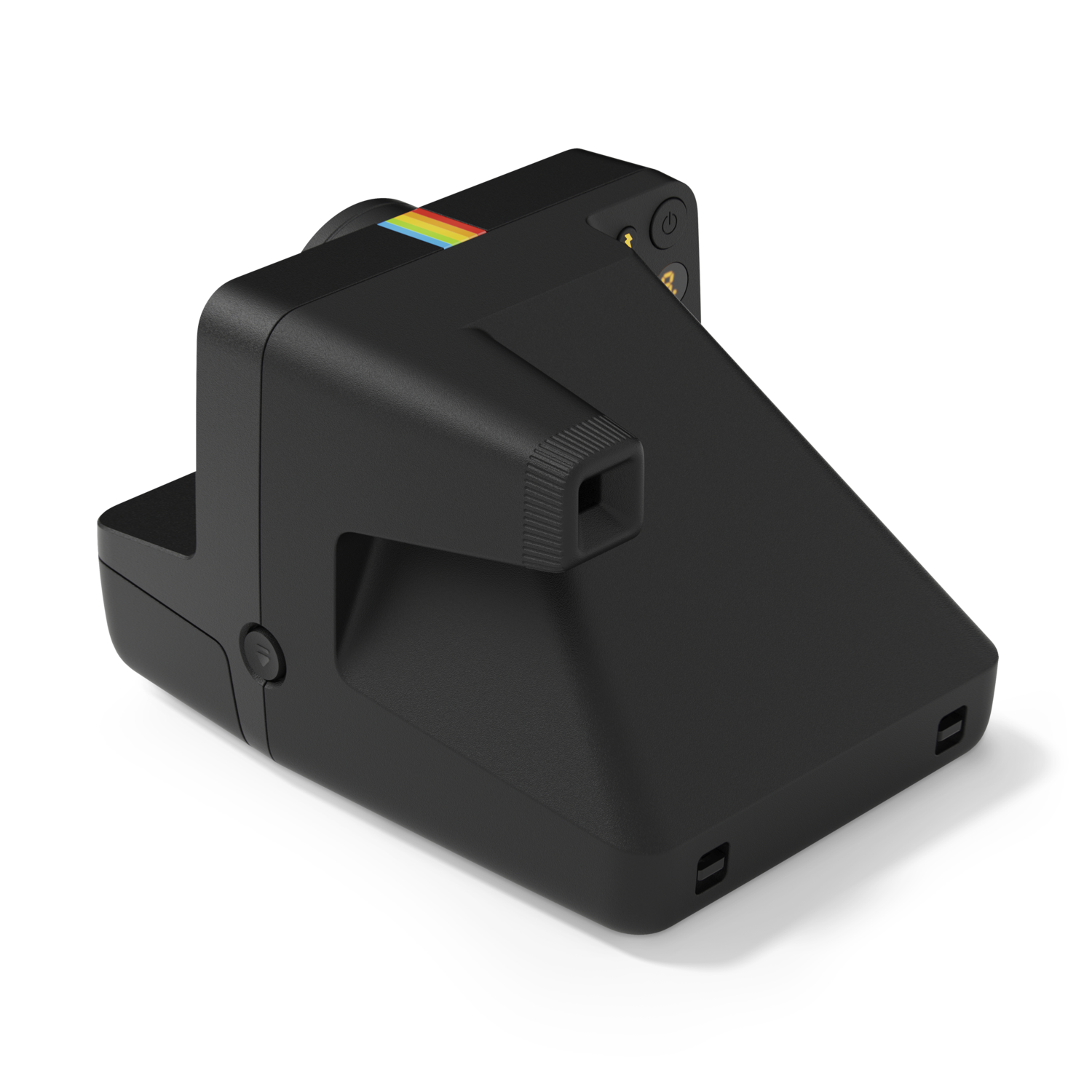 A black Polaroid camera with a rainbow stripe on top. It has a square lens and a black background.