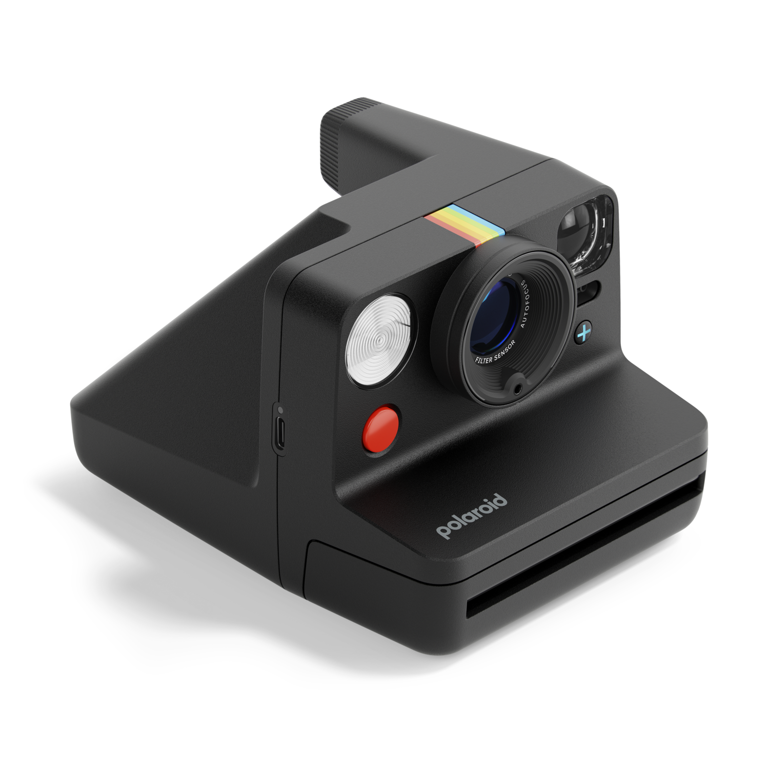 Black Polaroid camera, angled, with a red button and a rainbow stripe on the lens.
