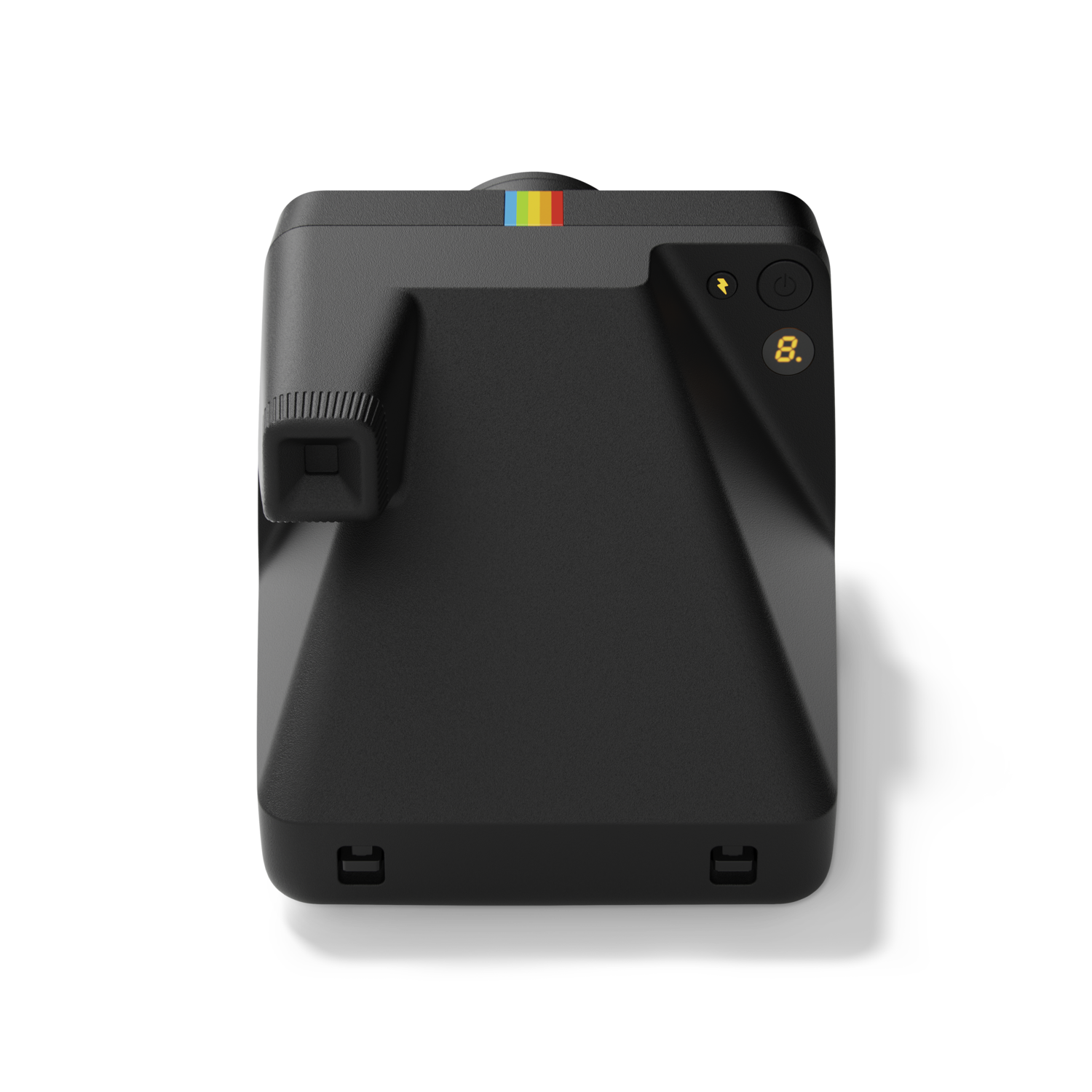 Black Polaroid instant camera, angled view. Features a rainbow stripe and a power button.