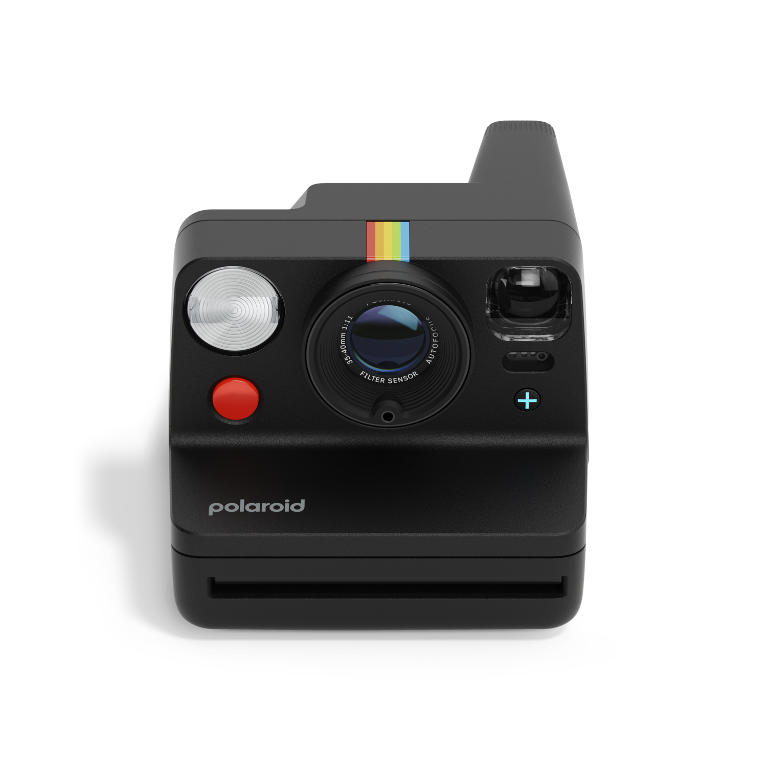 Black Polaroid camera with a red button and a rainbow stripe. The plus sign is shown.
