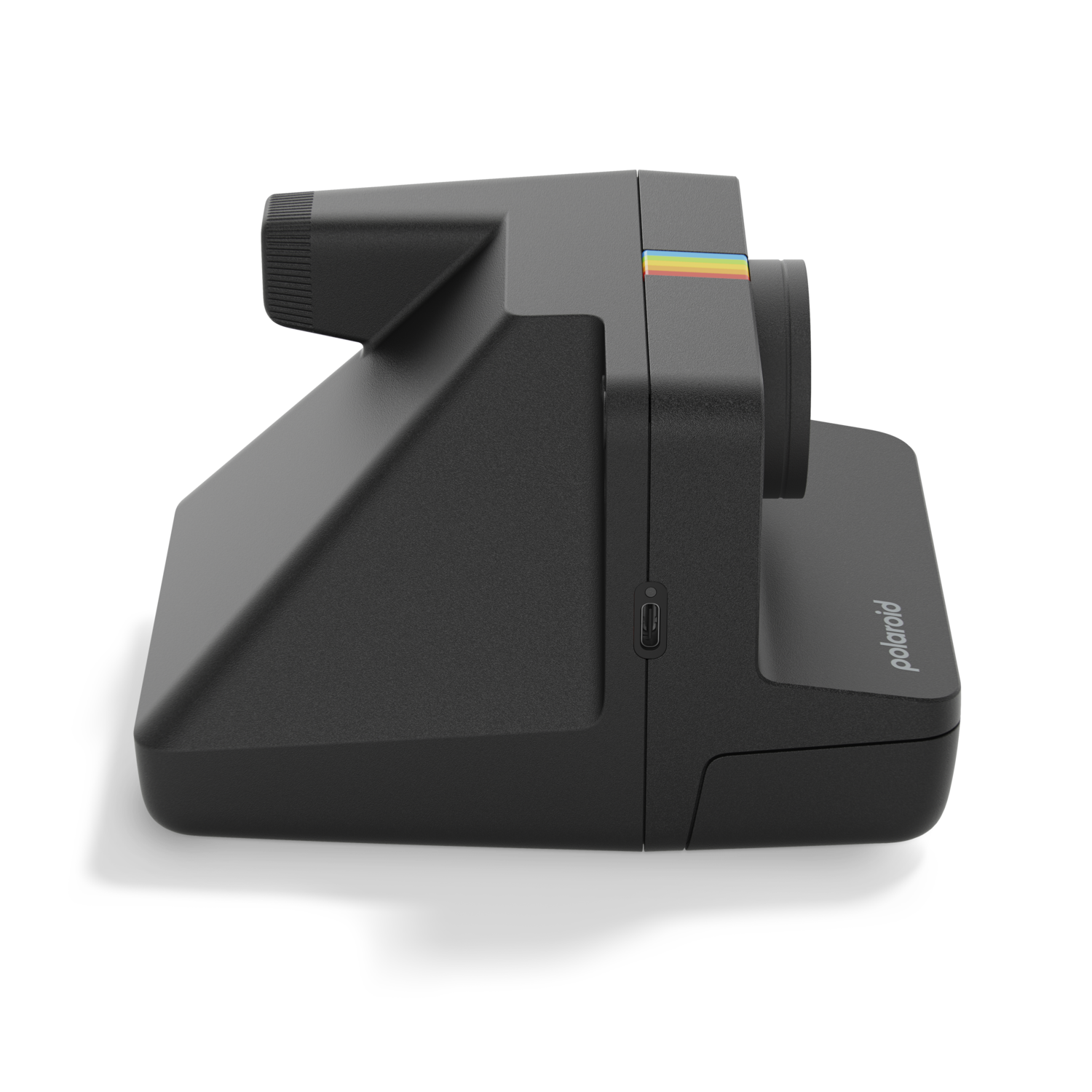 Polaroid camera, black body, side view, isolated on black background, rainbow stripe visible.