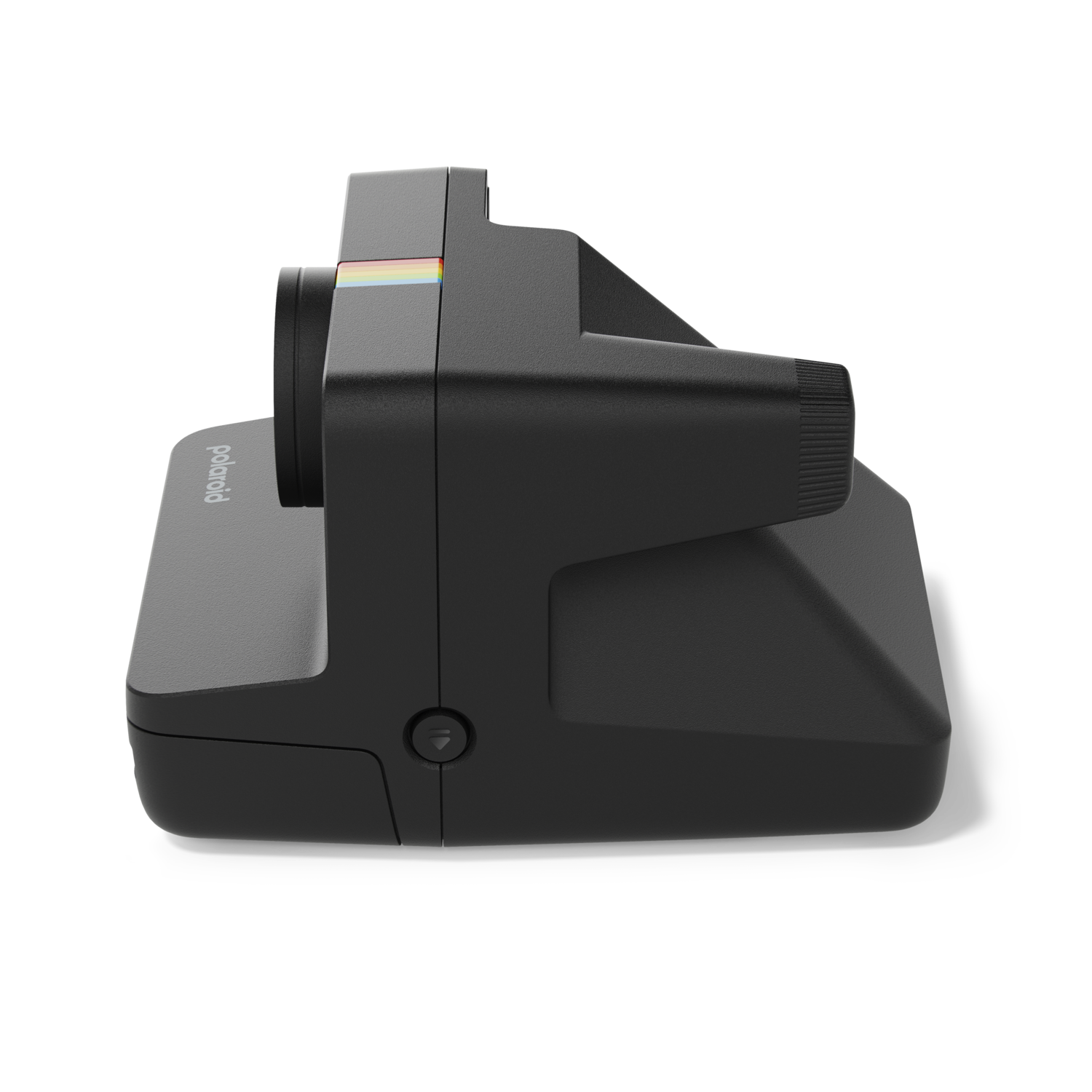 Black Polaroid camera with red accents, side view, rainbow stripe on top.