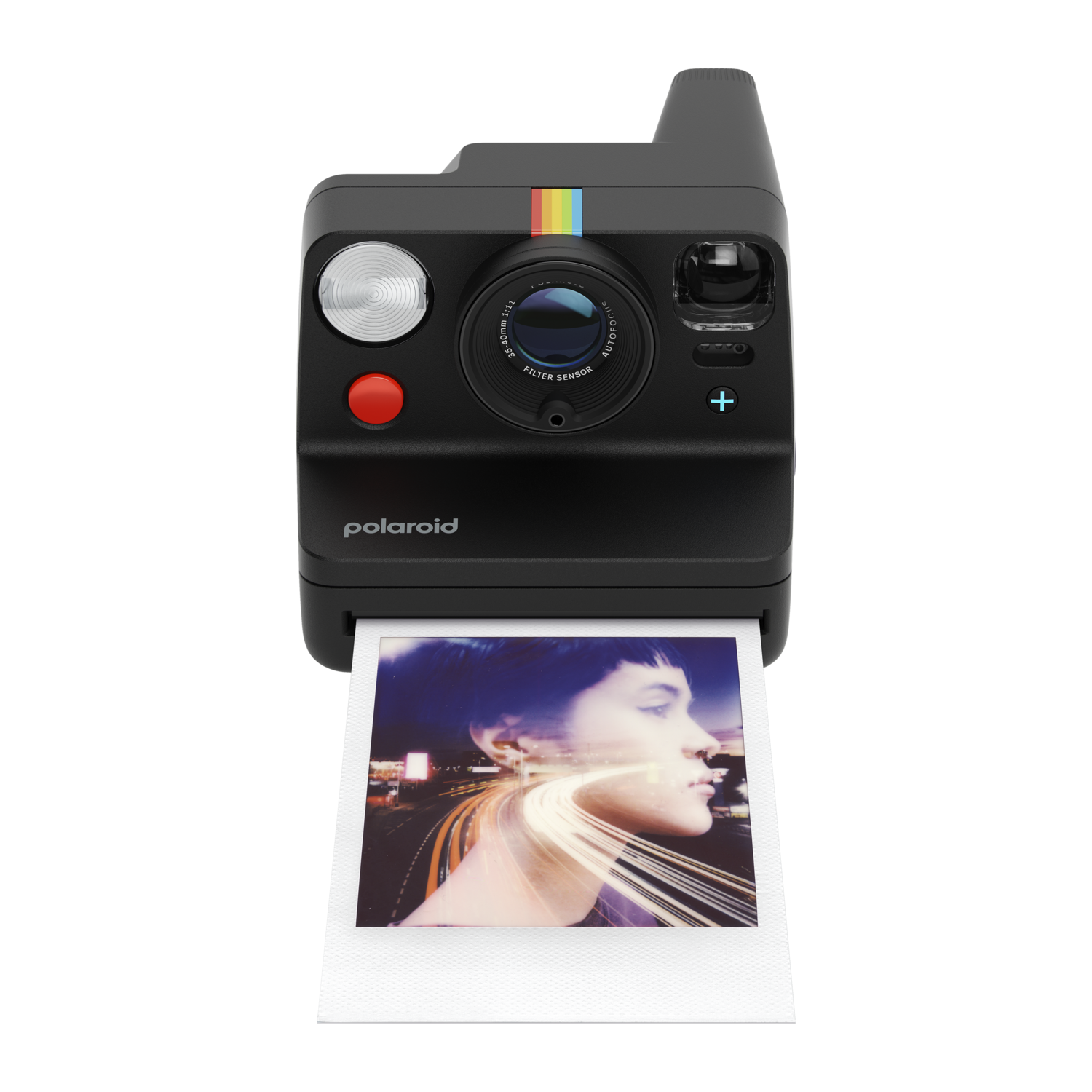 A black Polaroid camera with a photo coming out. The photo shows a person and city lights.