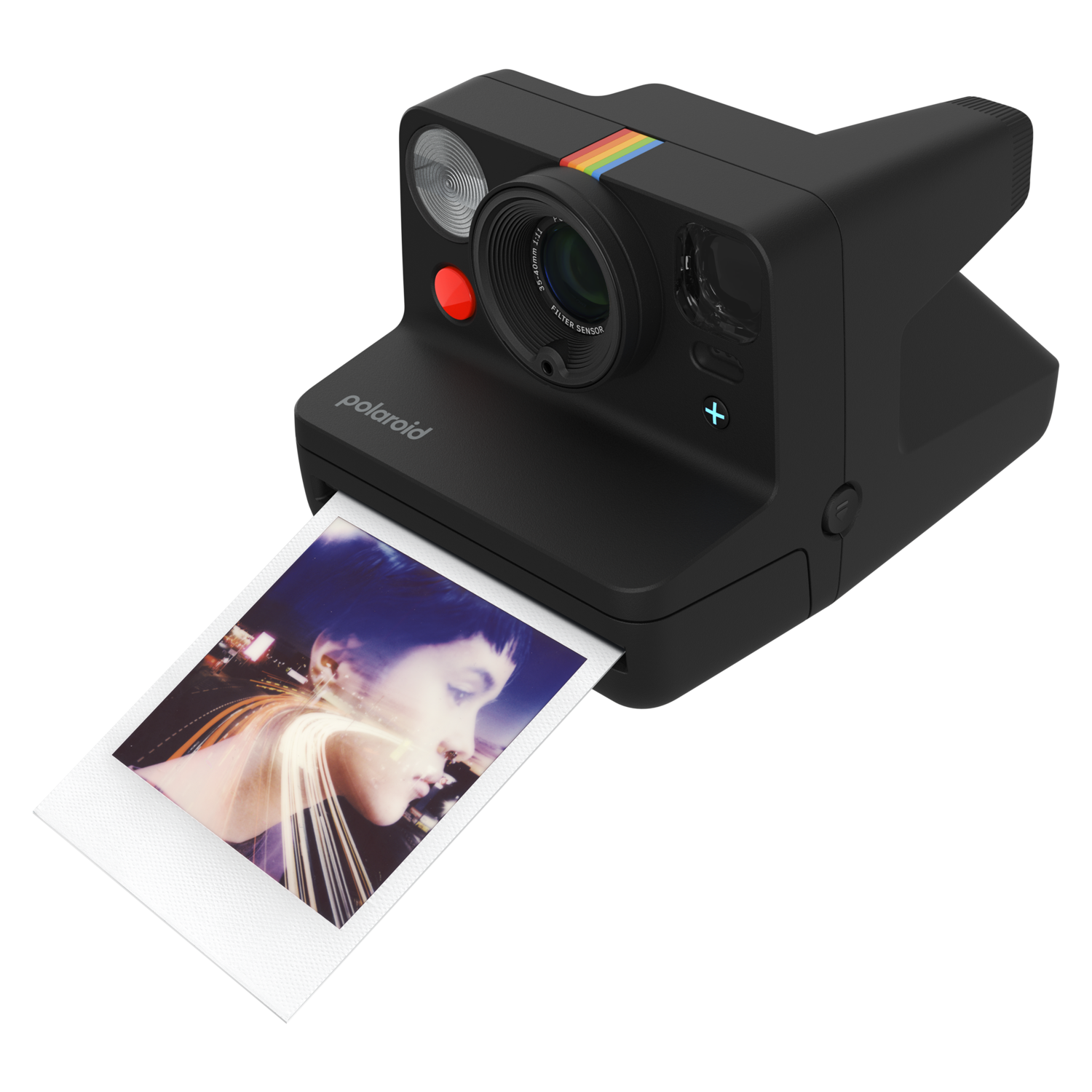 Black Polaroid camera with a photo being ejected, displaying a woman's face, isolated.