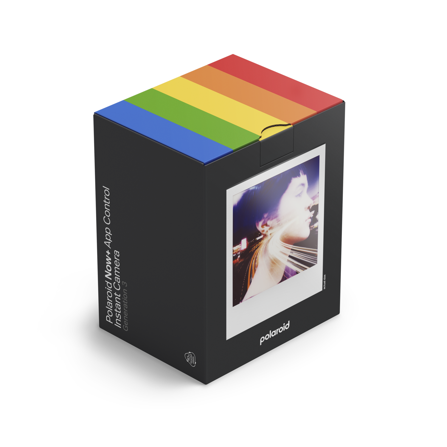 Box of Polaroid camera. Rainbow top. Camera image on the front, black background.