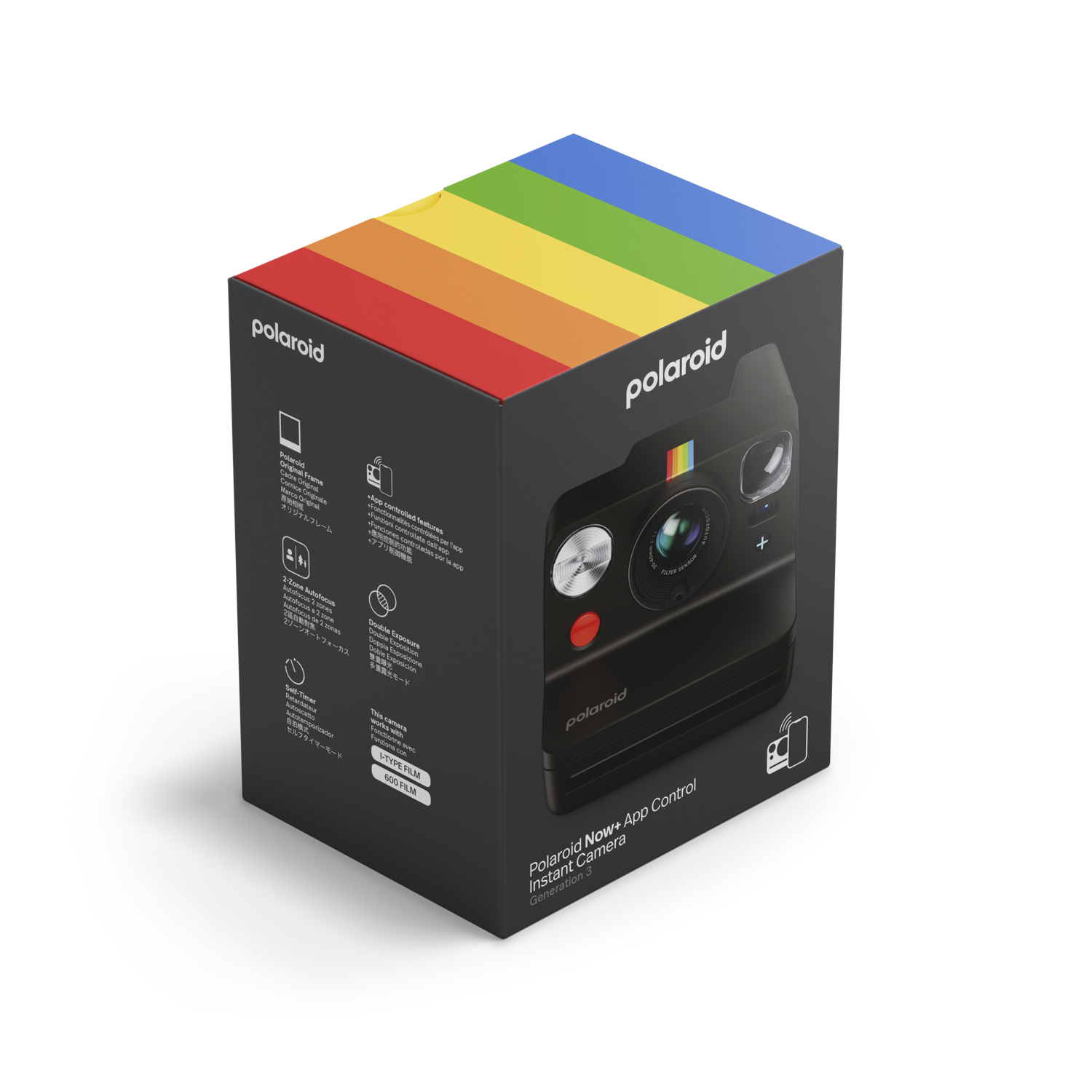 Polaroid camera box. The box is black with a rainbow stripe across the top.
