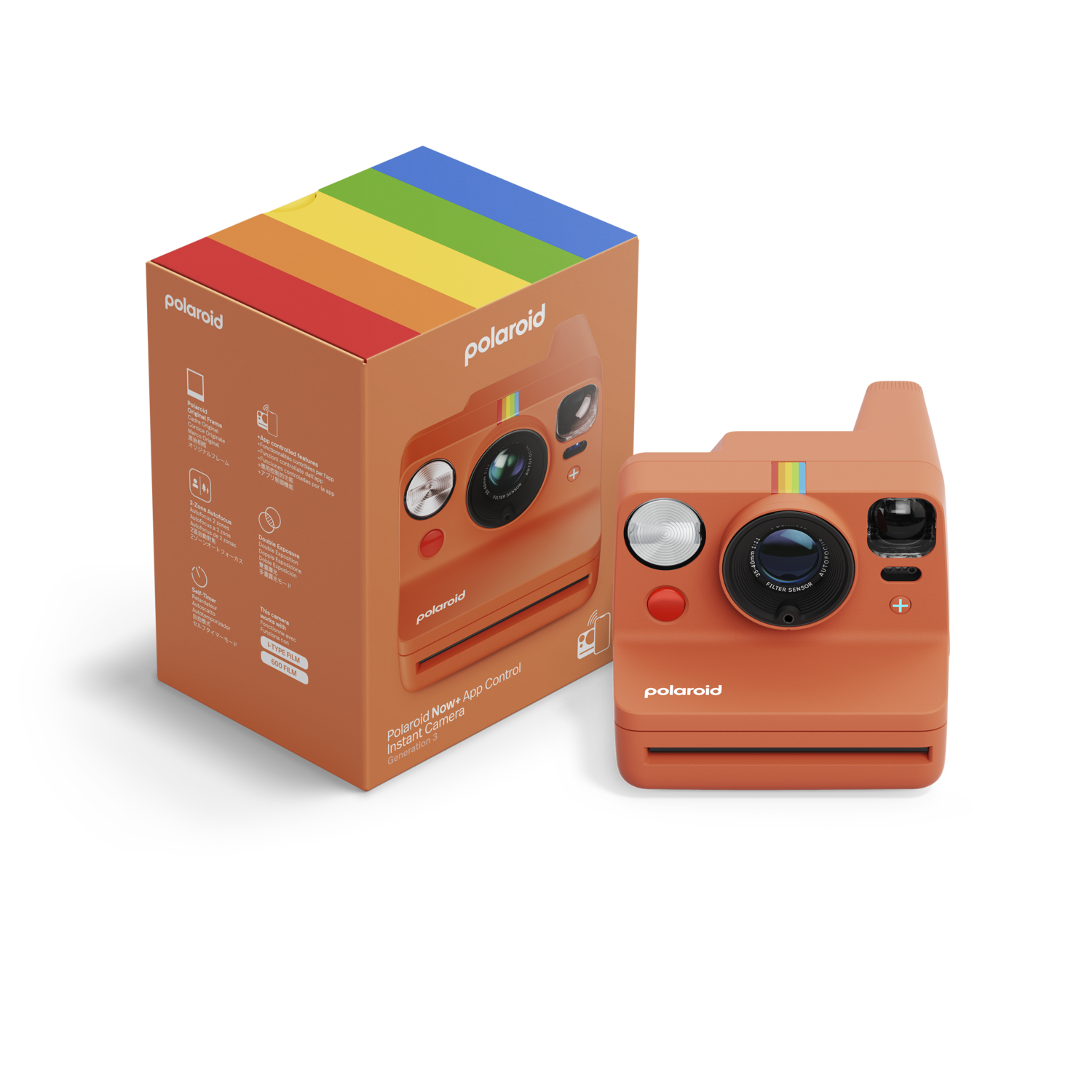 Appareil photo instantané Polaroid orange avec une rayure arc-en-ciel et sa boîte.