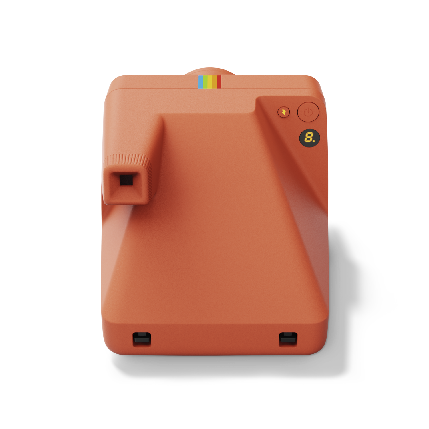 L'arrière d'un appareil photo Polaroid orange avec des boutons et un viseur.