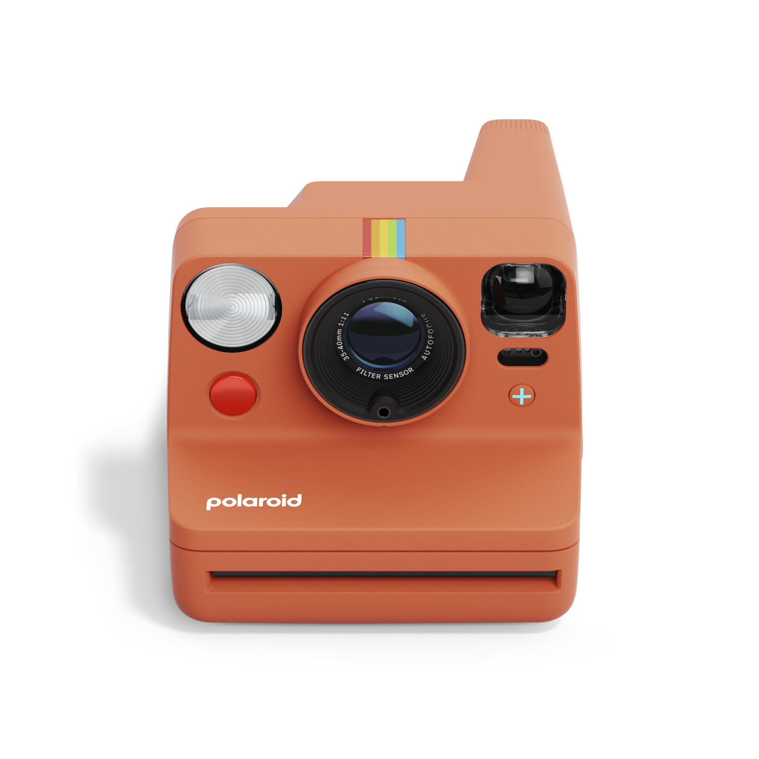 Un appareil photo Polaroid orange. Possède un objectif, un bouton rouge et le logo Polaroid.