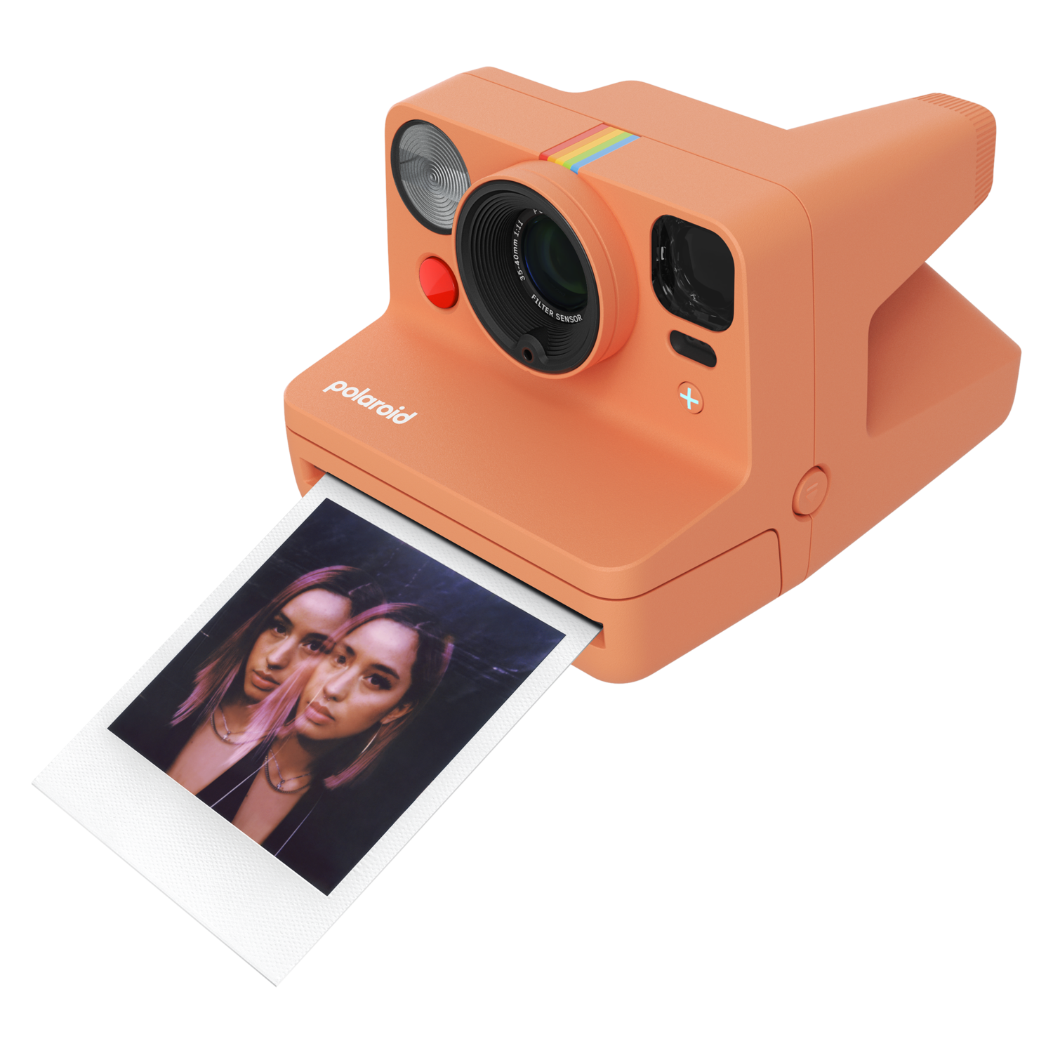 Appareil photo Polaroid orange imprimant une photo. L'appareil photo a un bouton rouge.