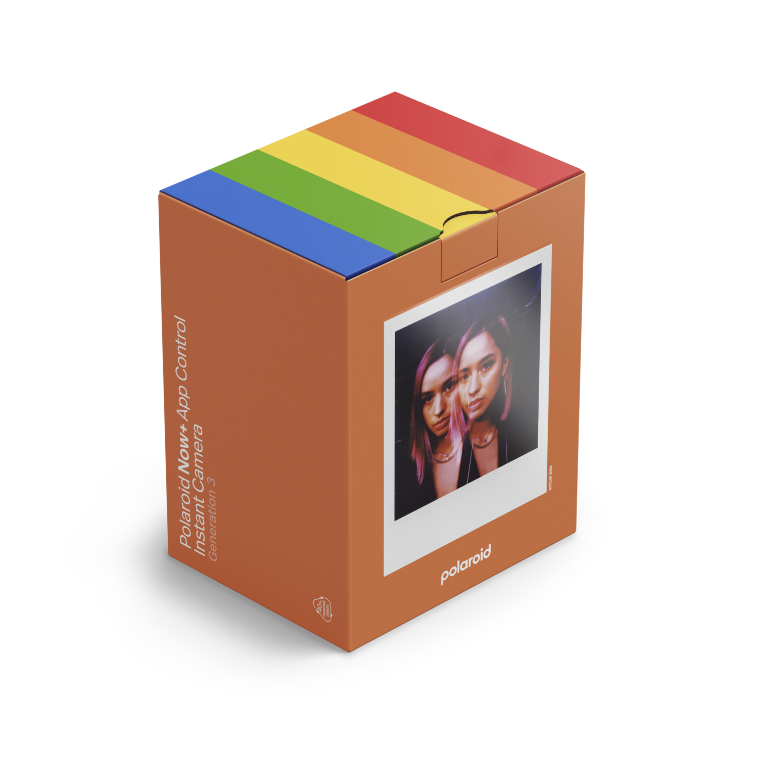 Boîte d'appareil photo Polaroid orange avec une photo de deux femmes et une bande arc-en-ciel sur le dessus.