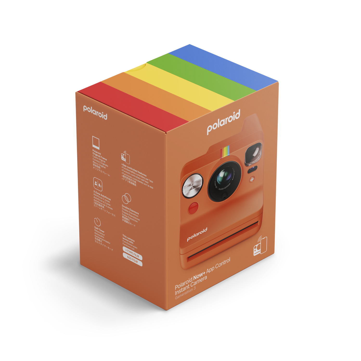 Boîte d'appareil photo Polaroid orange avec un dessus arc-en-ciel et un appareil photo orange à l'intérieur.