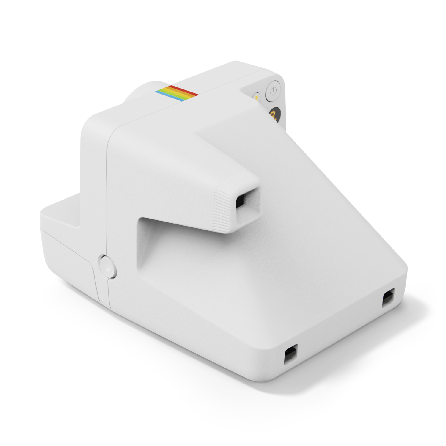 White Polaroid camera. The rainbow stripe is present. Side view. 