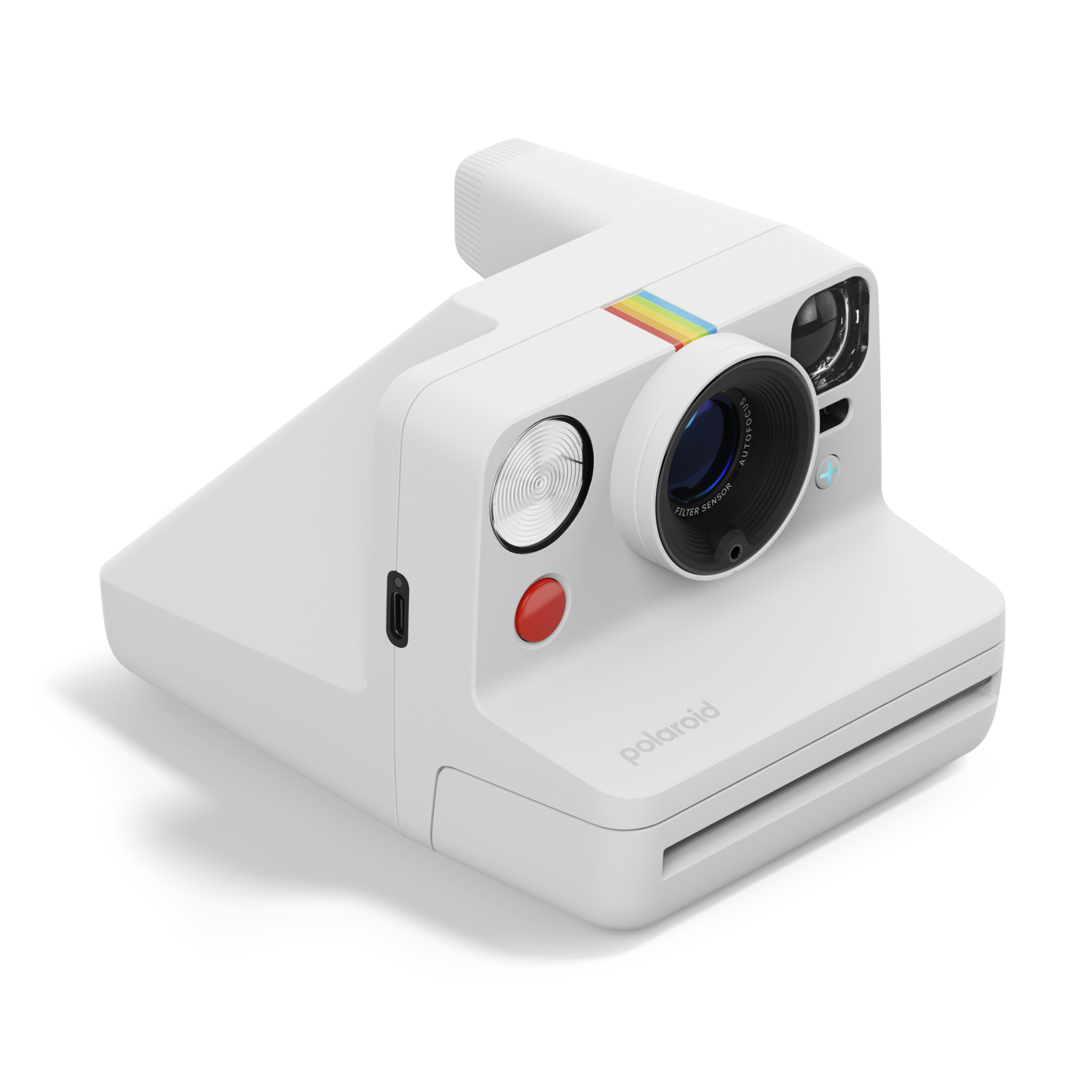 White Polaroid camera. Red button and rainbow stripe on top. Black background.
