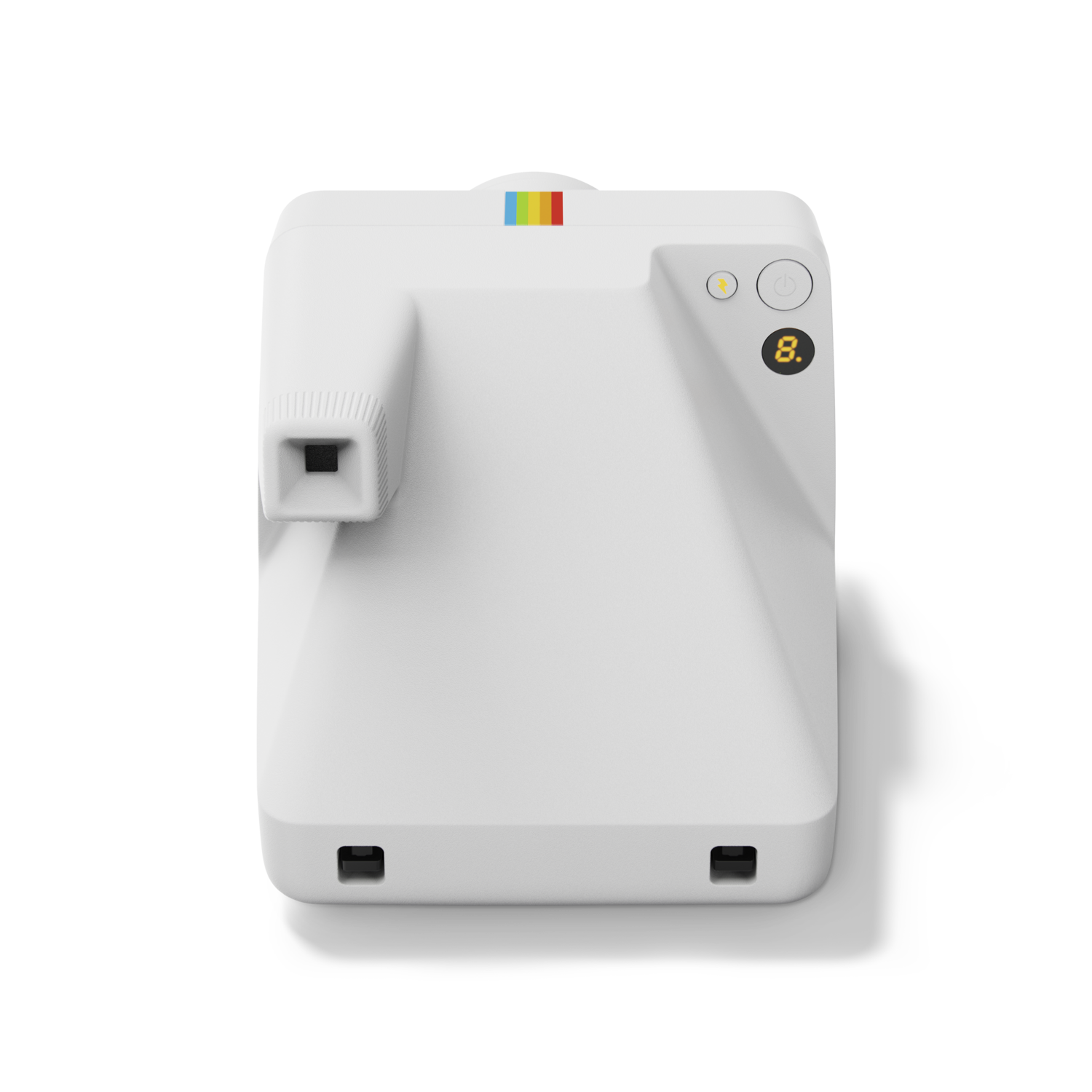 White Polaroid camera with black lens and buttons. The top has a colorful stripe.