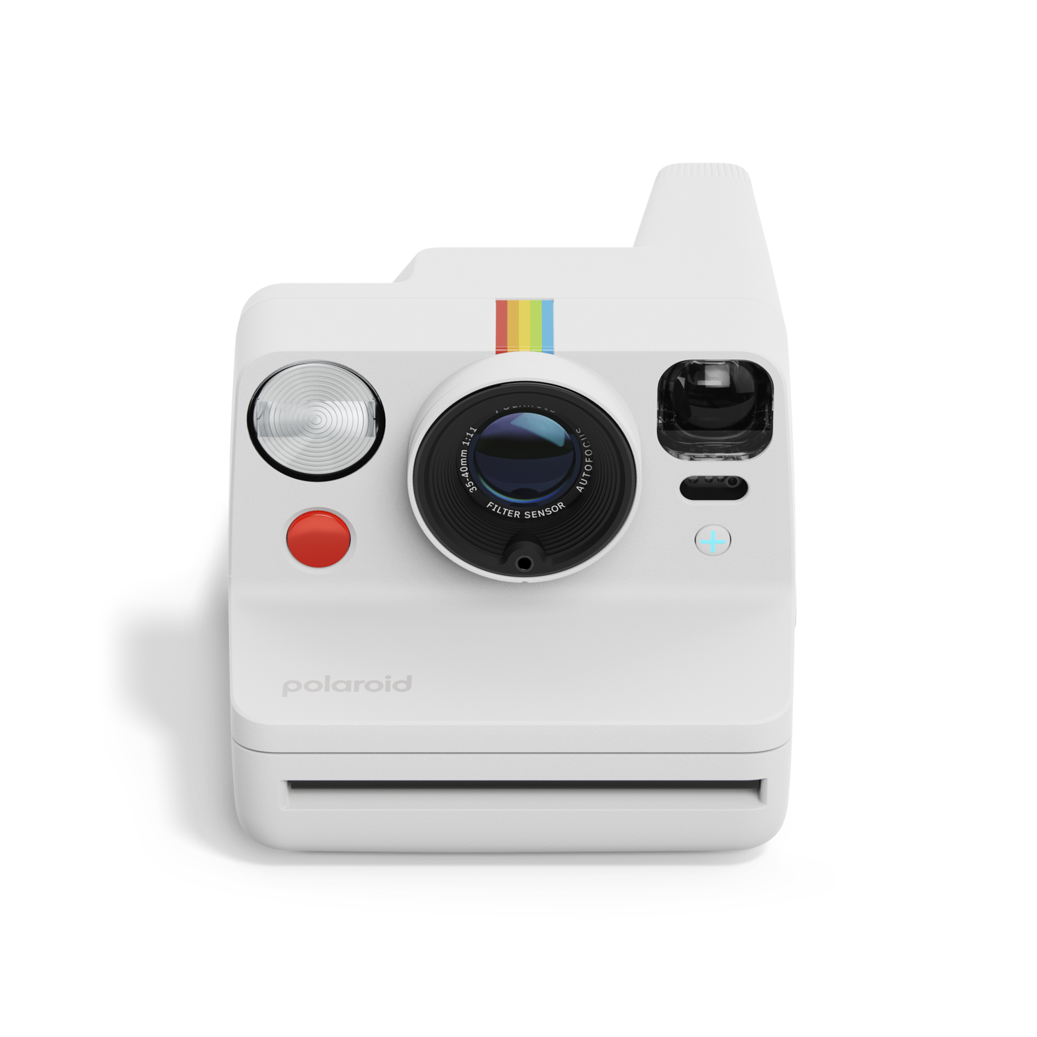 A white Polaroid camera on a black background. The camera has a red button, and a rainbow stripe on top.