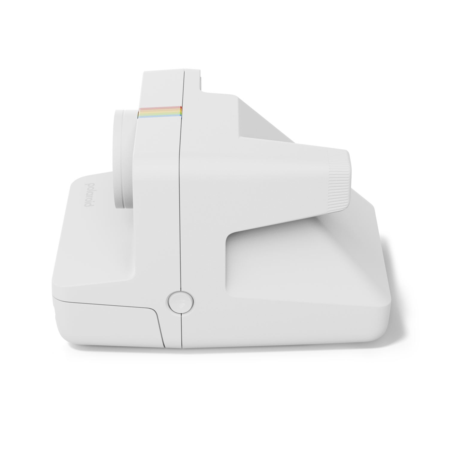White Polaroid camera with a rainbow film ejecting, on a black background.