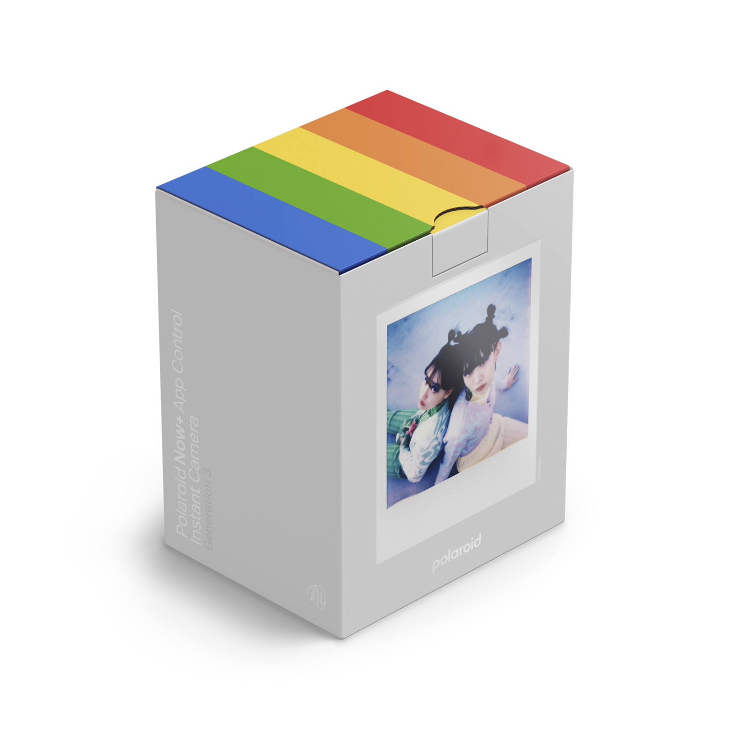 Square box with a photo of two people, rainbow stripes on top, and the Polaroid logo.