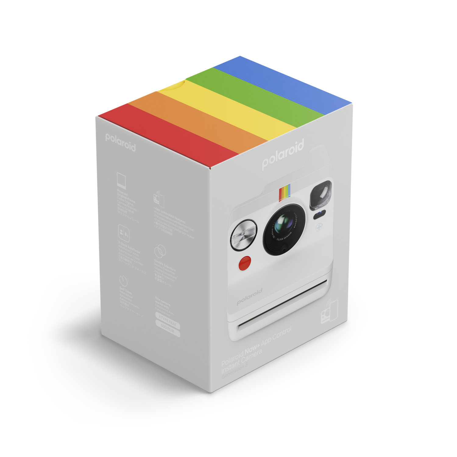 Boxed Polaroid Now instant camera with rainbow top.