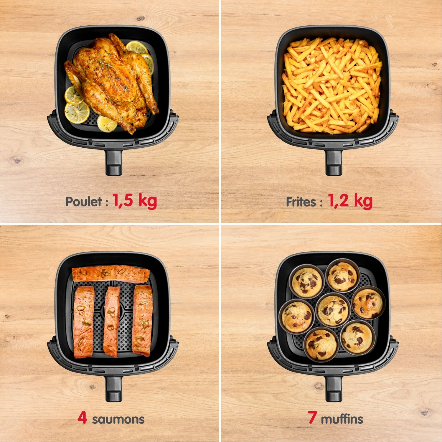 Friteuse à air avec poulet frit, frites, saumon.