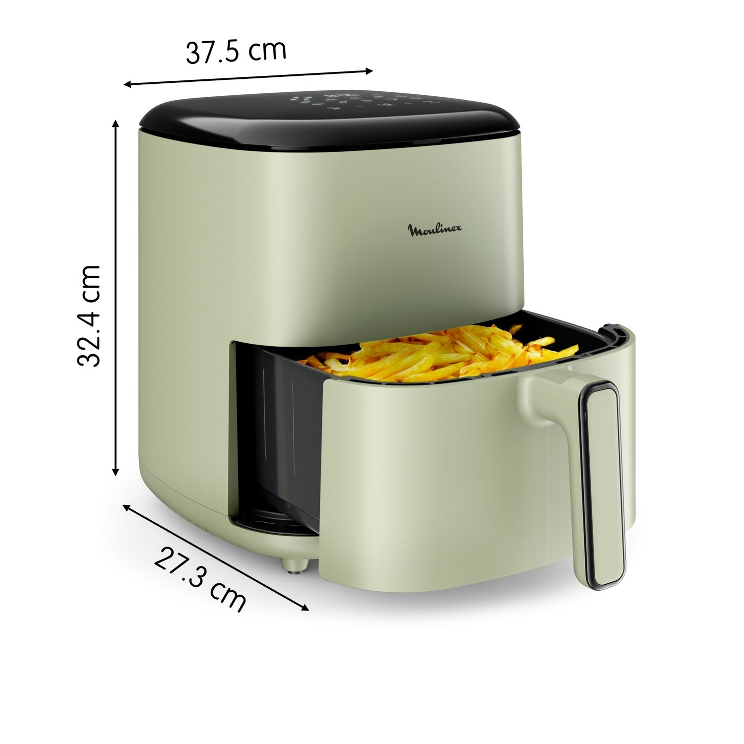 Friteuse à air avec dimensions et un plateau de frites.